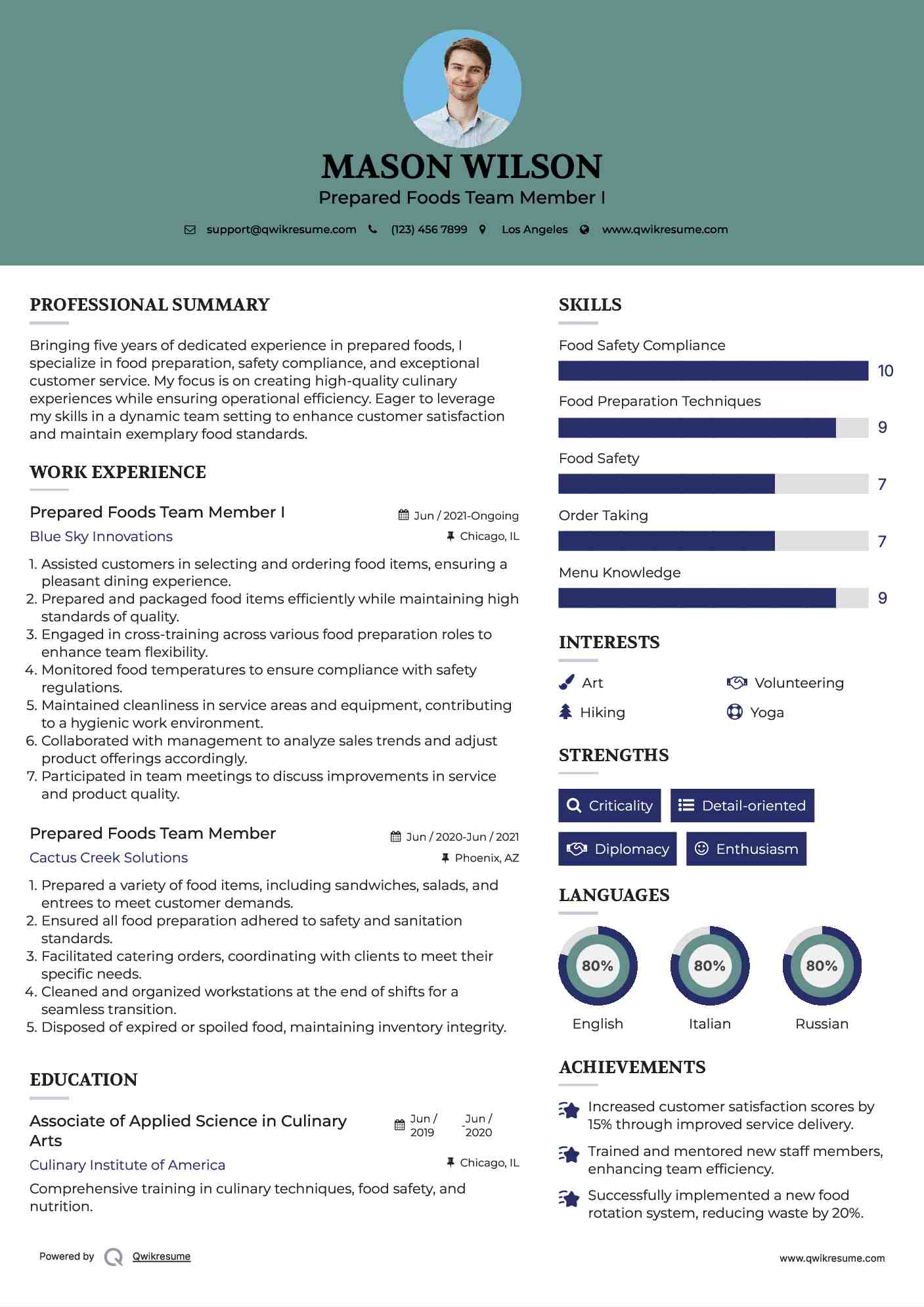 Prepared Foods Team Member I Resume Model