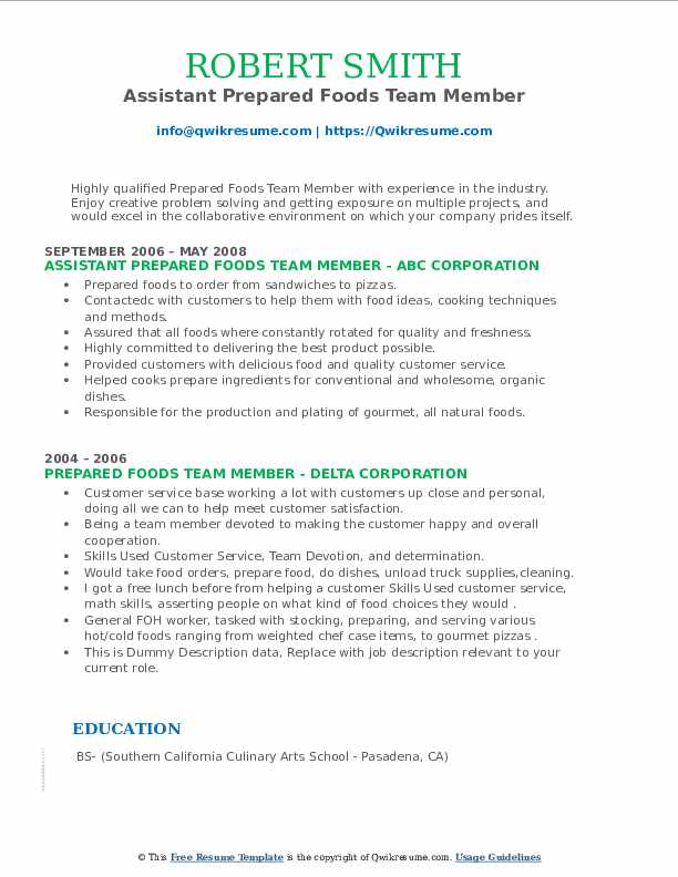 Prepared Foods Team Member Resume Samples QwikResume