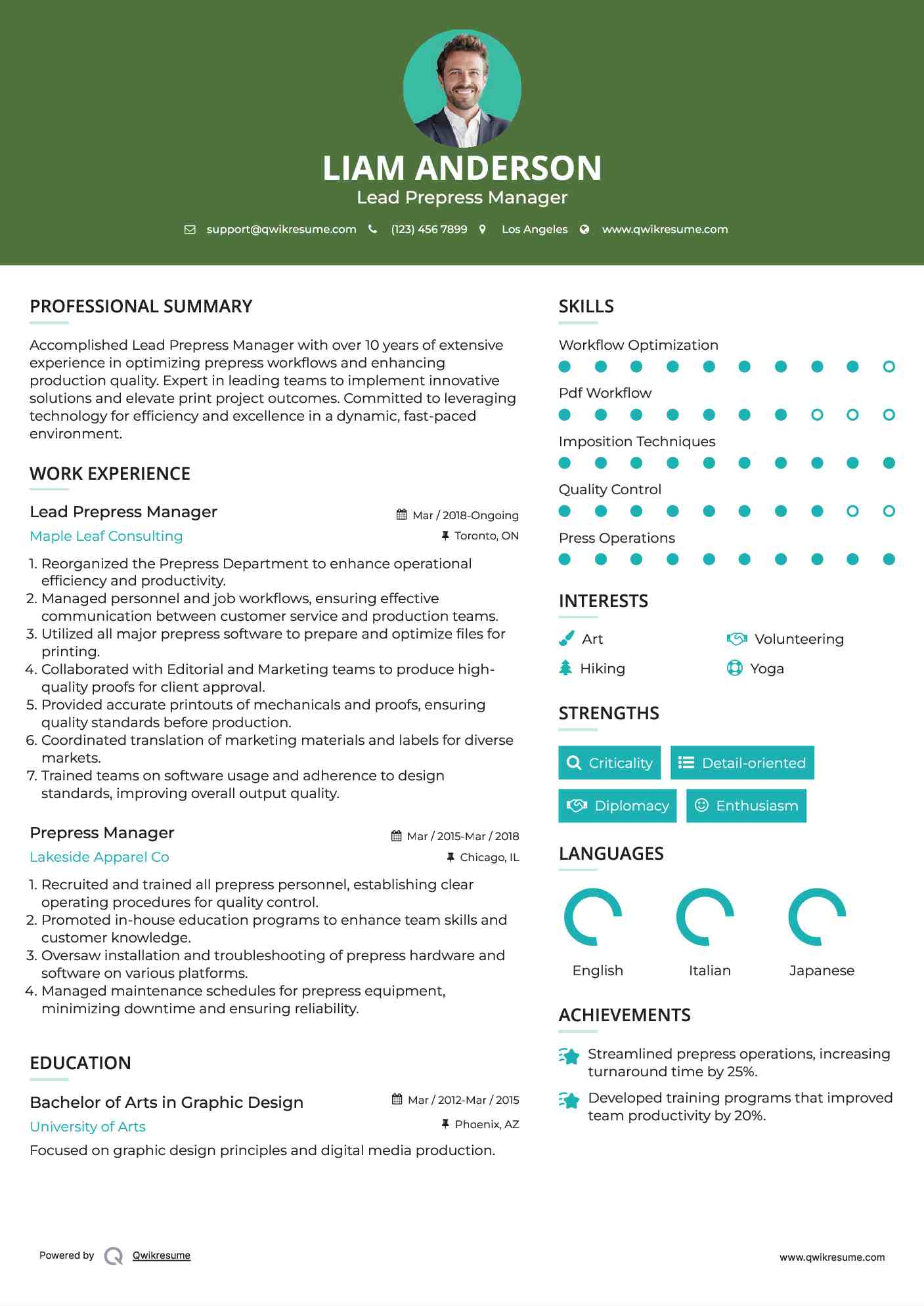 Lead Prepress Manager Resume Example
