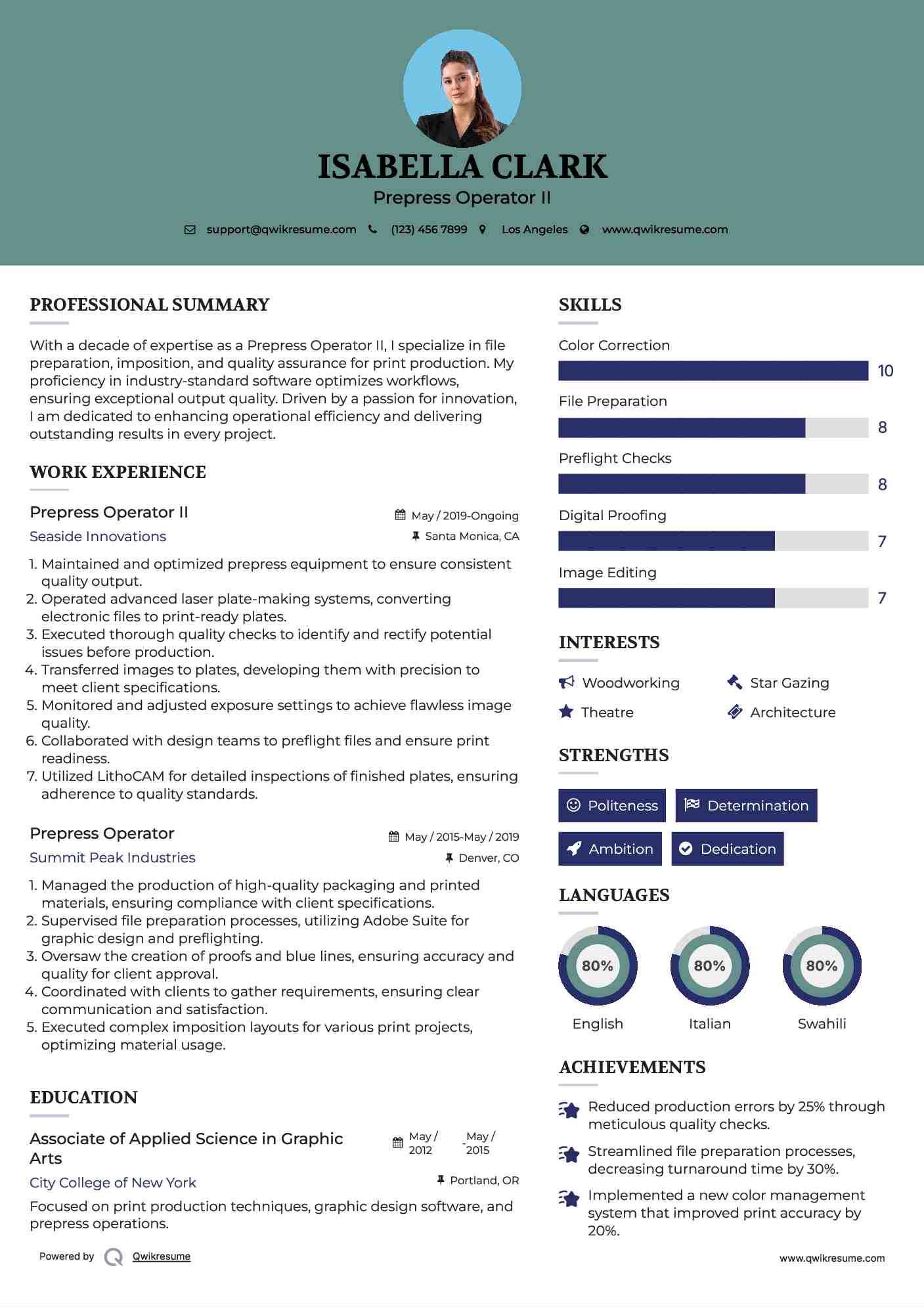 Prepress Operator II Resume Sample
