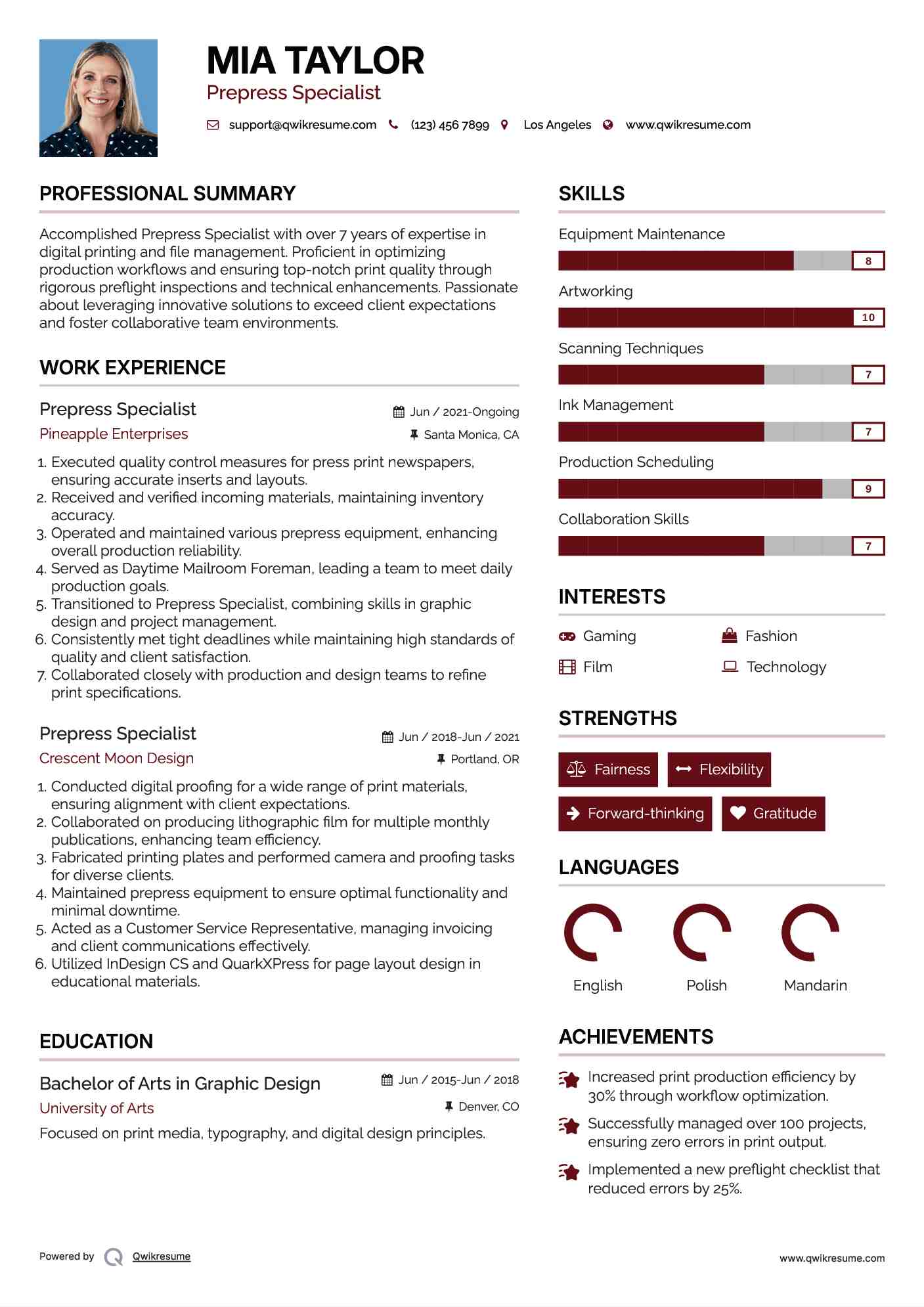 Prepress Specialist Resume Template