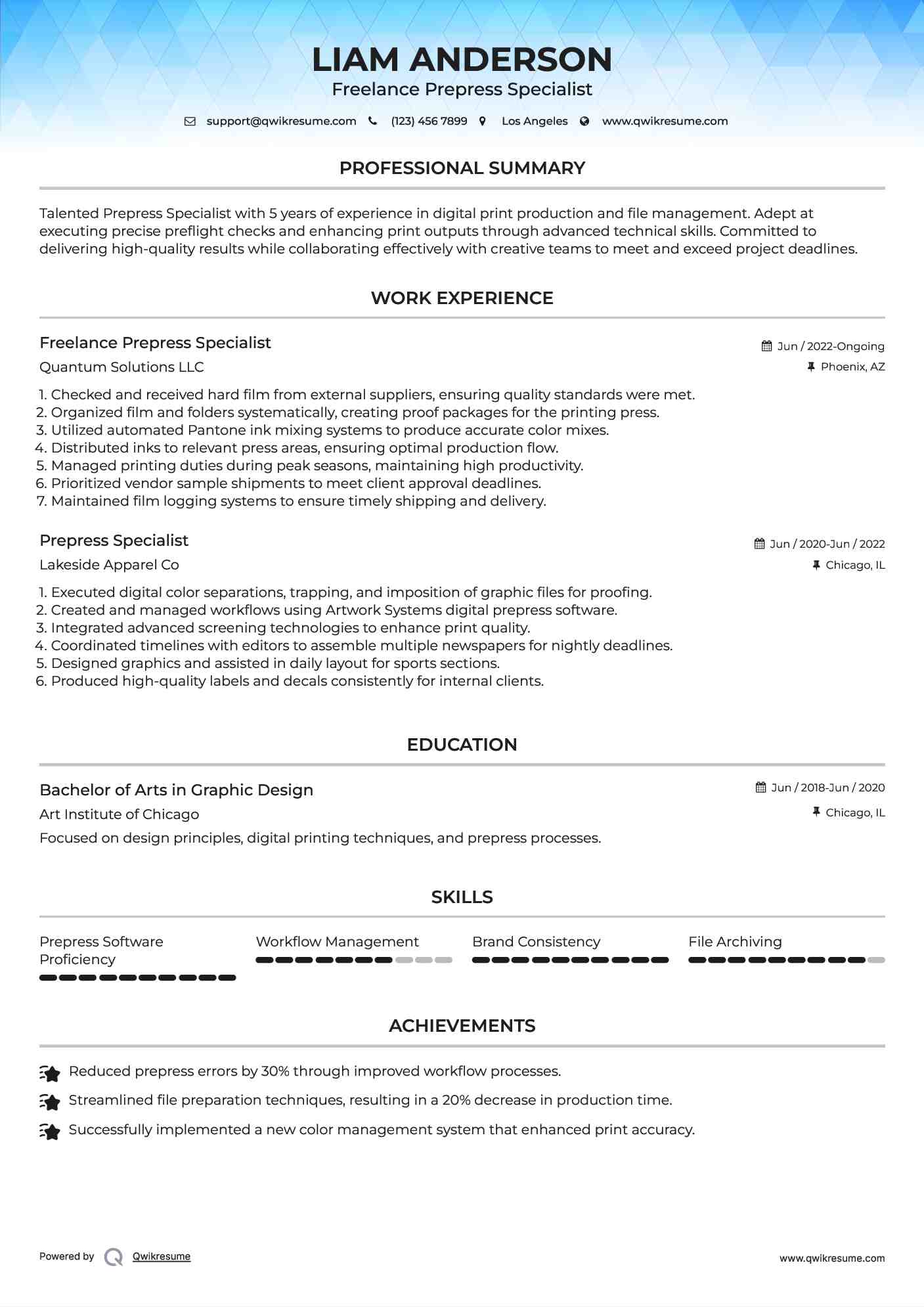 Freelance Prepress Specialist Resume Template