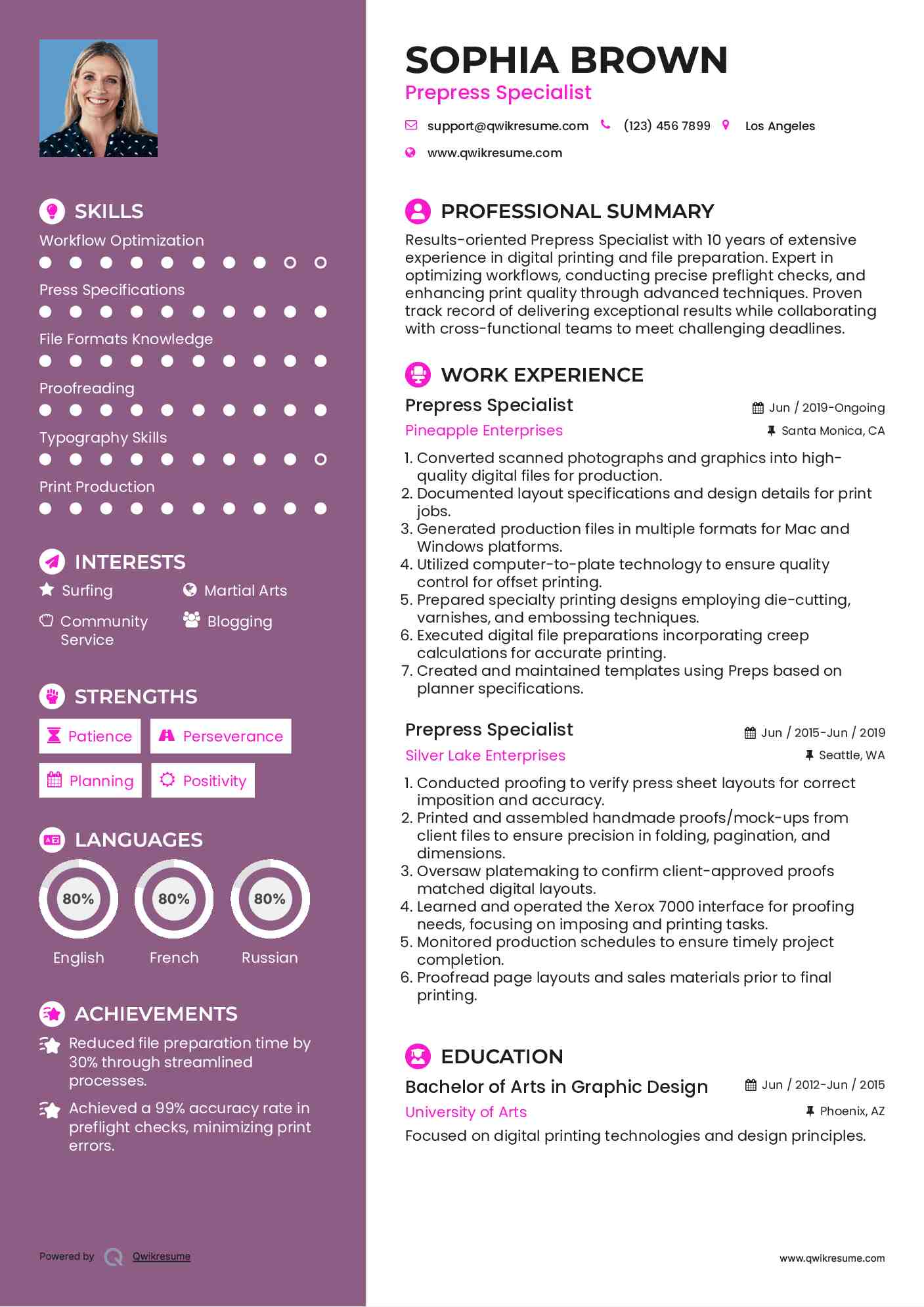 Prepress Specialist Resume Example