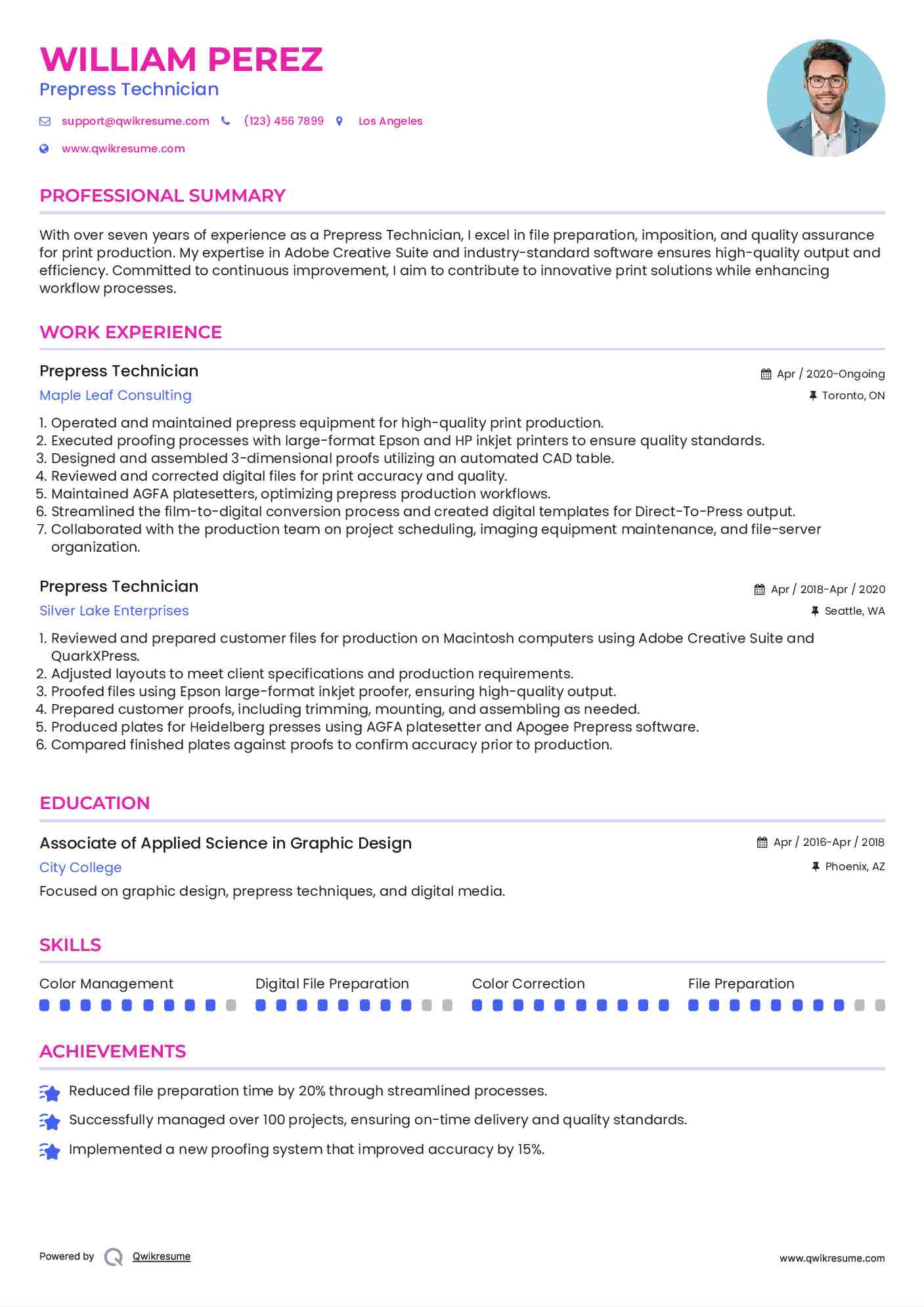 Prepress Technician Resume Model
