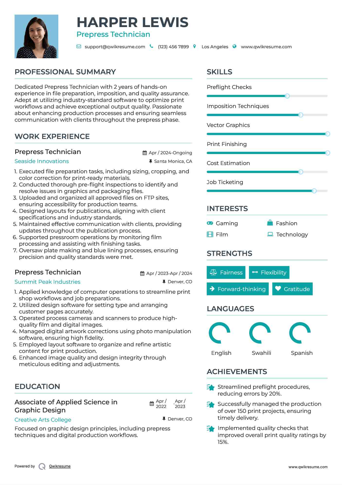 Prepress Technician Resume Format