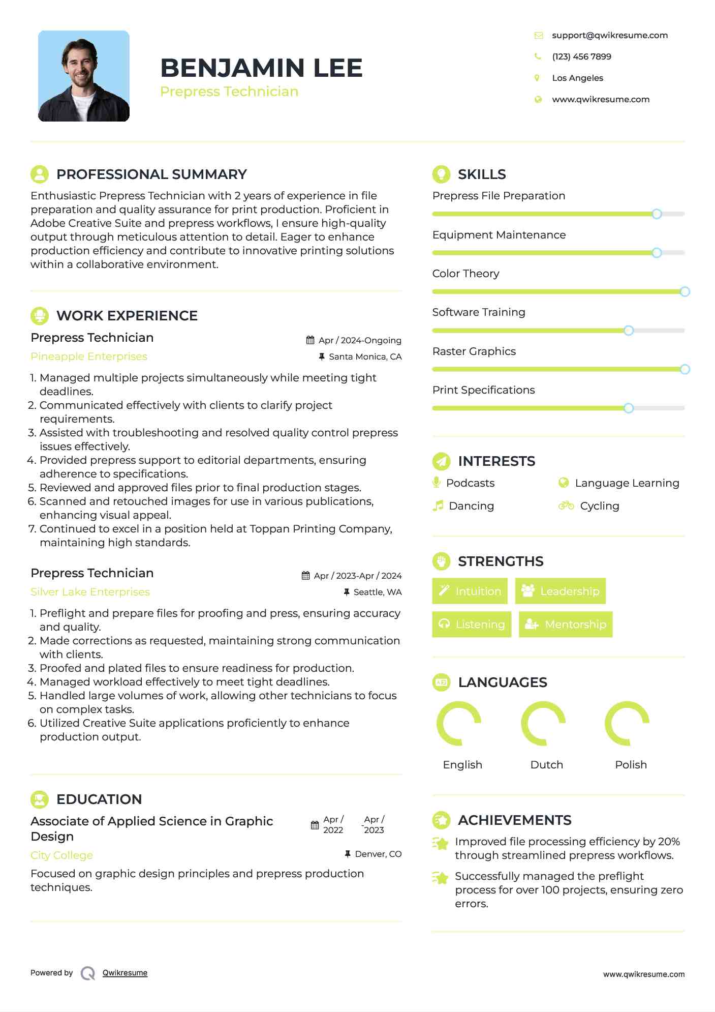 Prepress Technician Resume Template