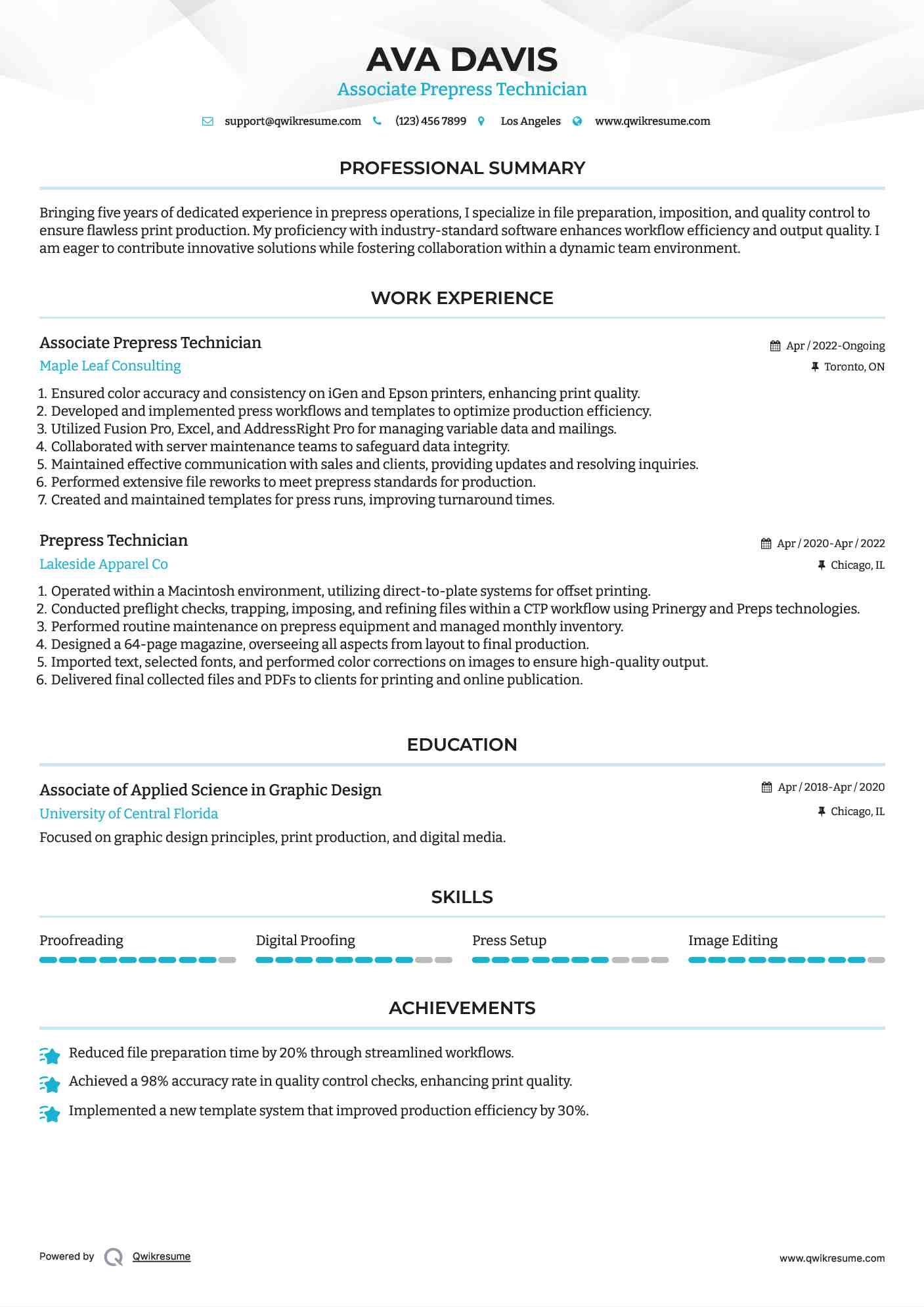 Associate Prepress Technician Resume Sample