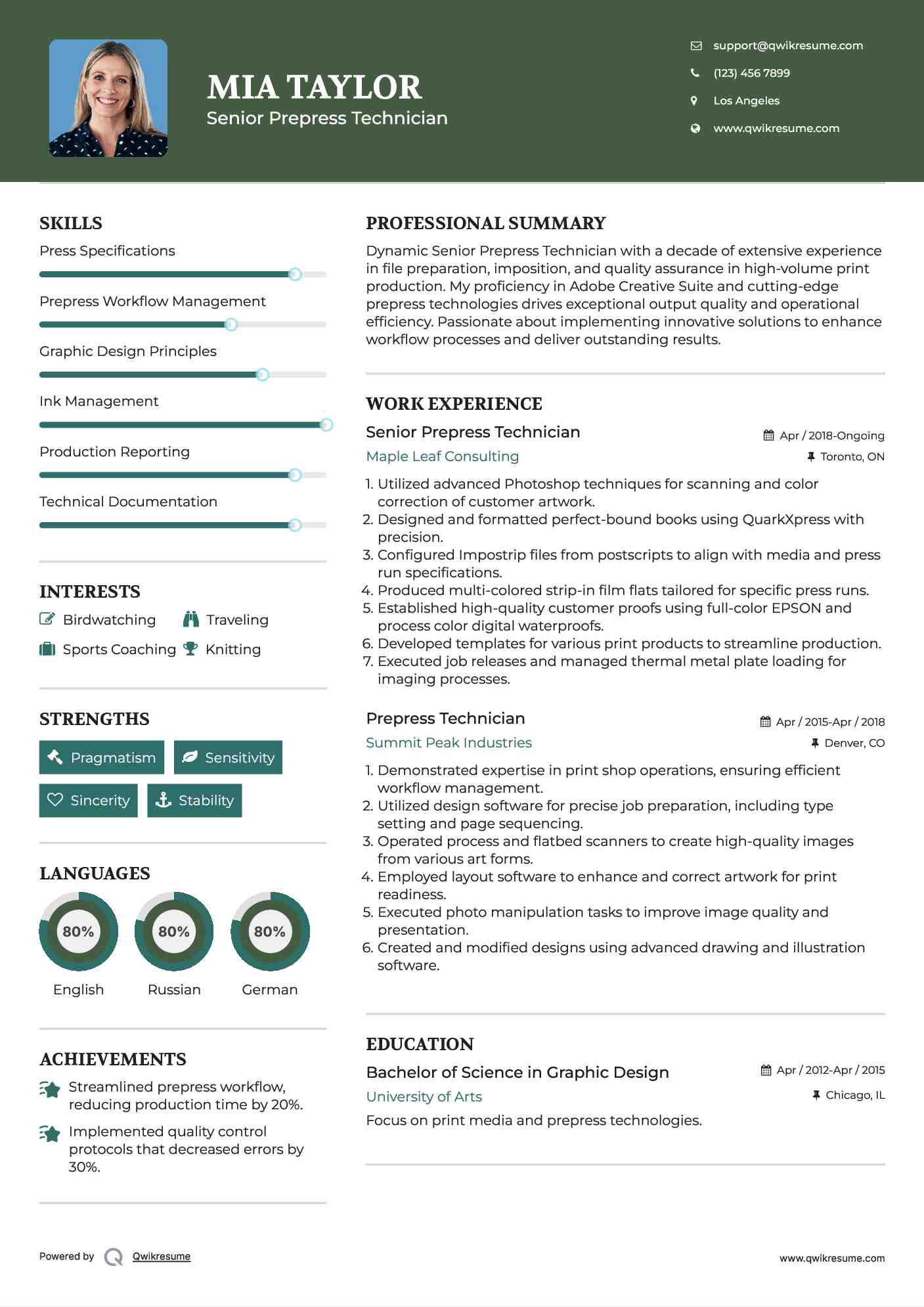Senior Prepress Technician Resume Example