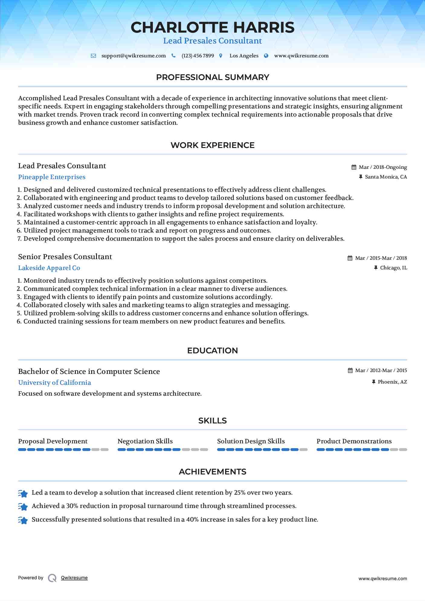 Lead Presales Consultant Resume Template
