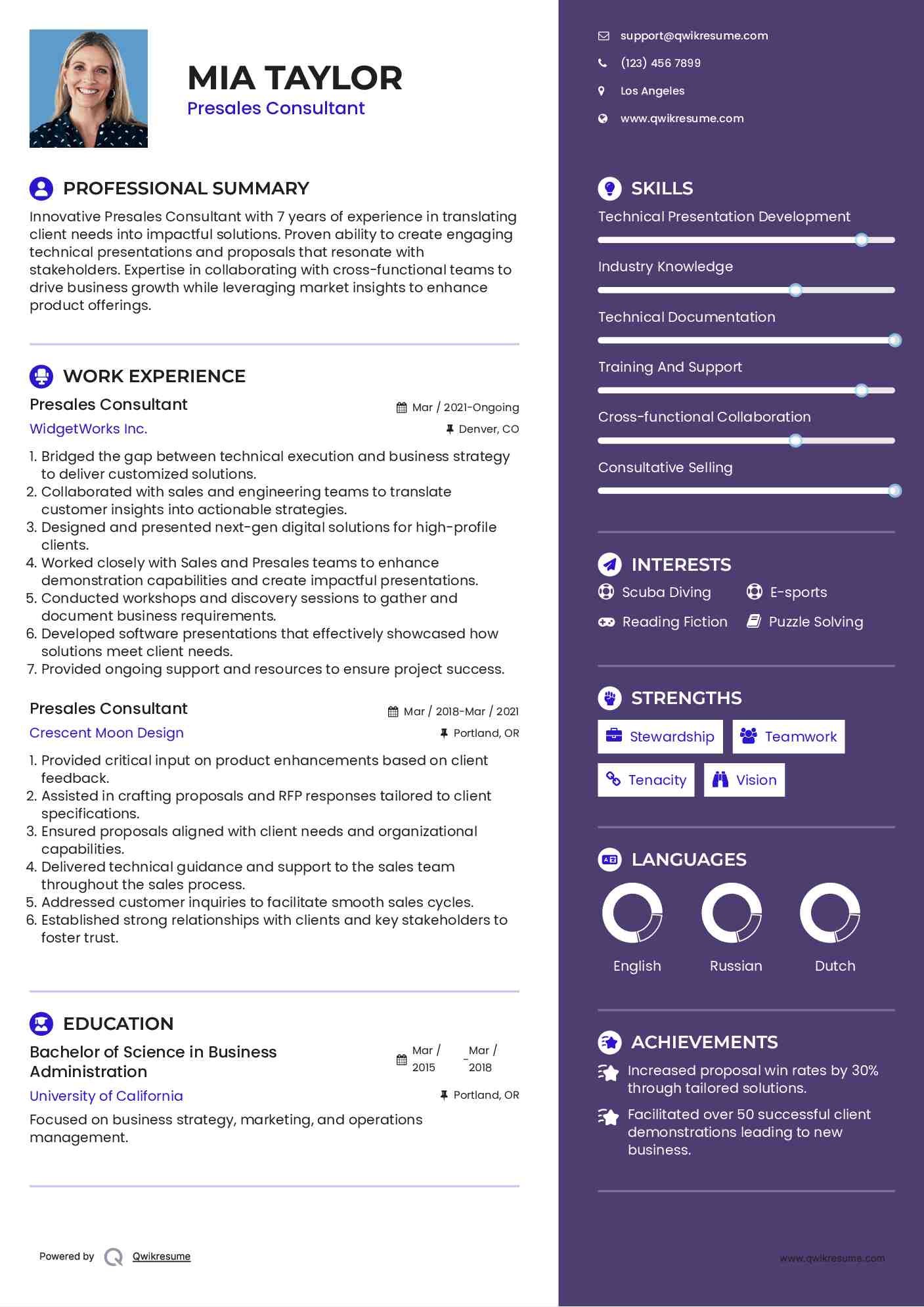 Presales Consultant Resume Example