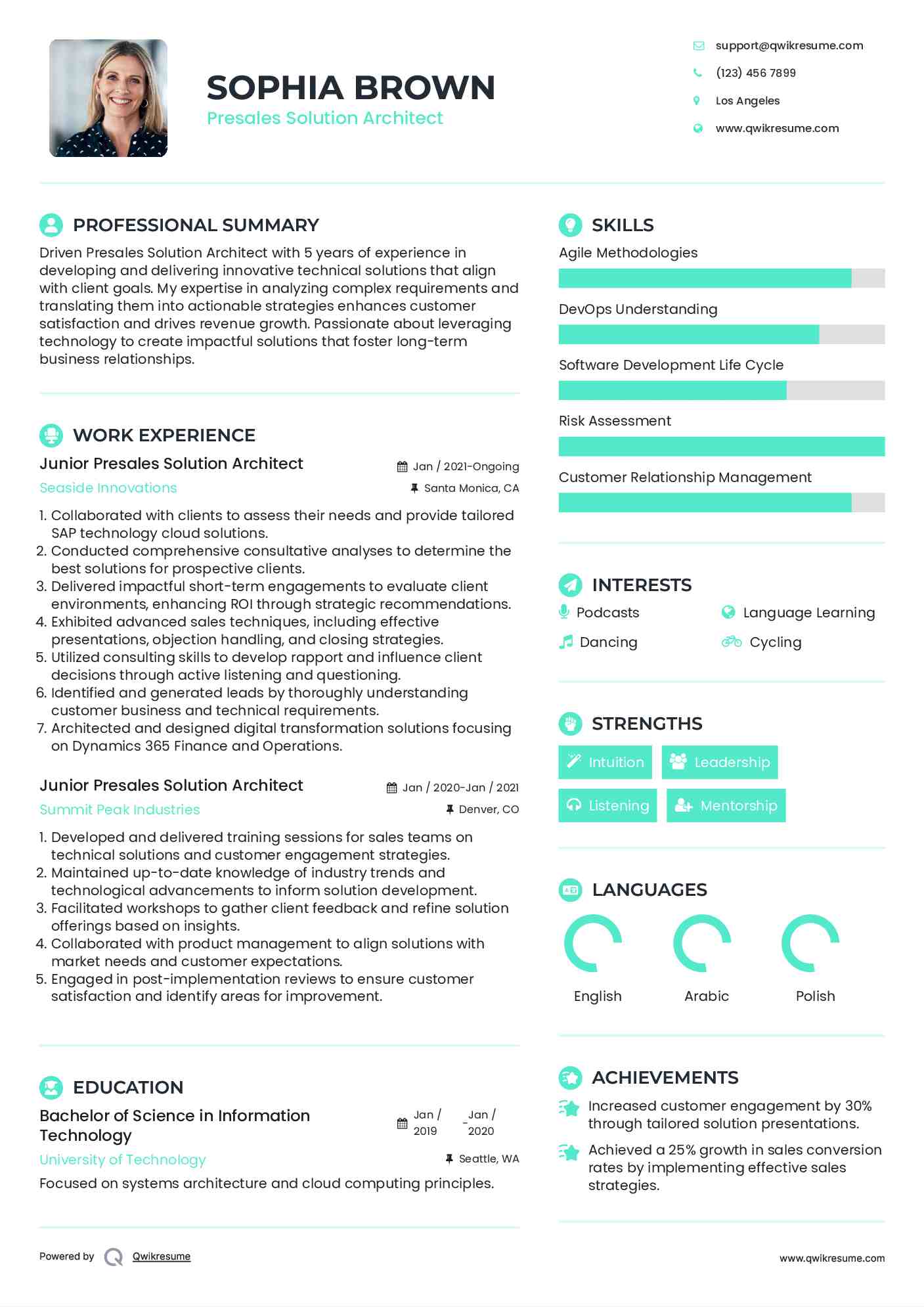 Junior Presales Solution Architect Resume Format