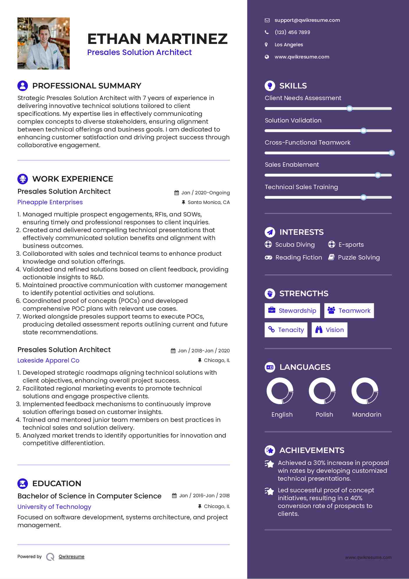 Presales Solution Architect Resume Sample