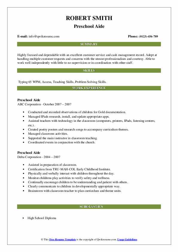 Preschool Aide Resume Samples QwikResume