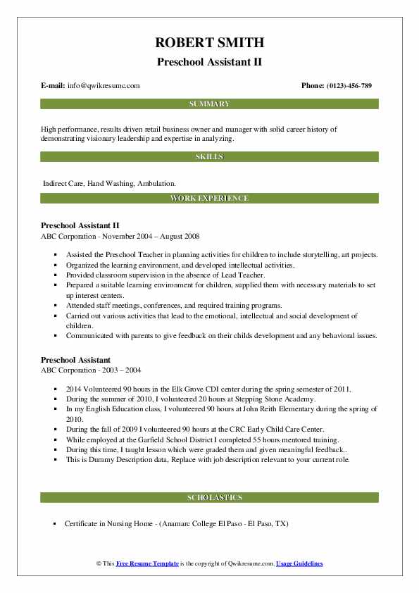 Preschool Assistant Resume Samples QwikResume