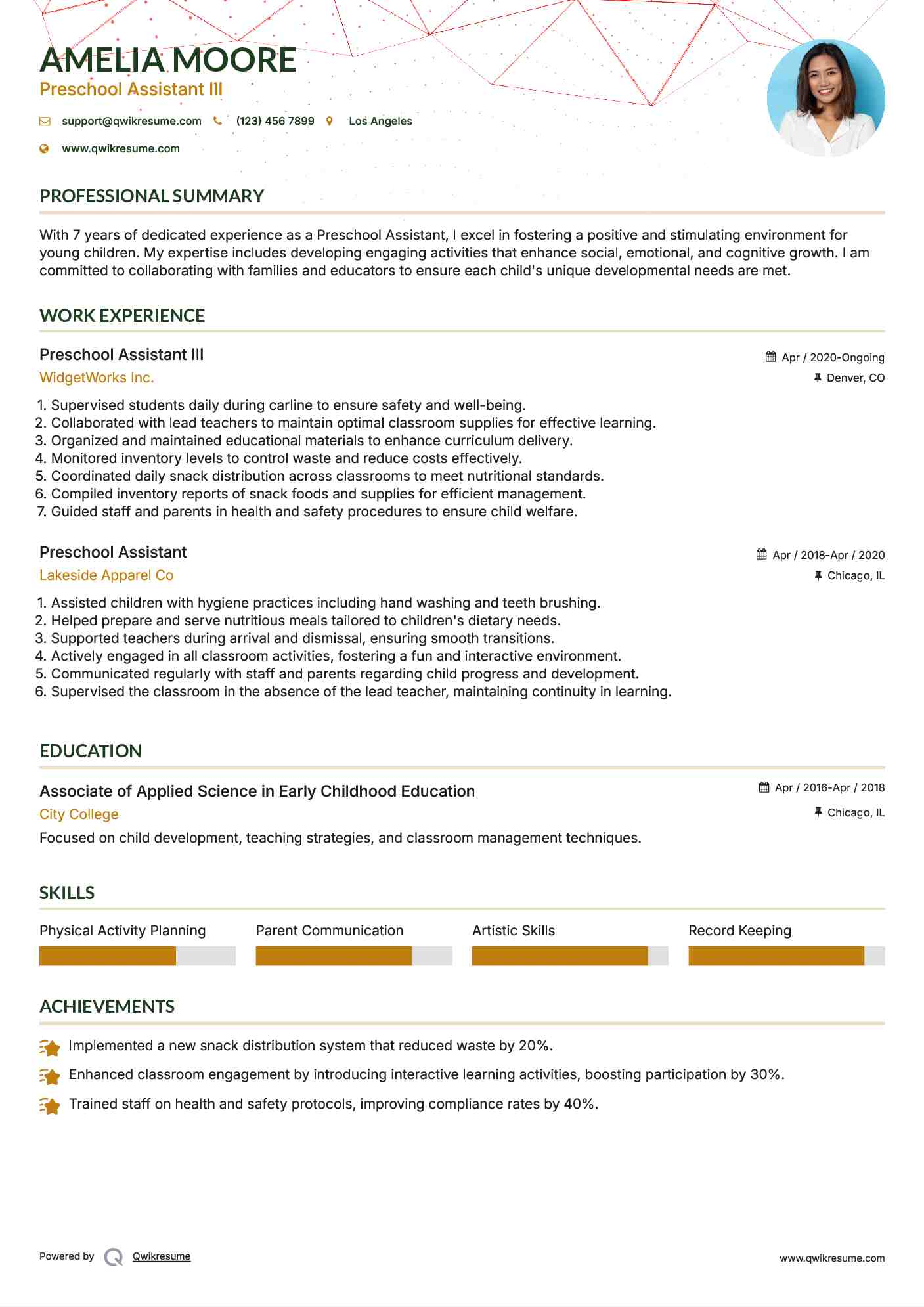 Preschool Assistant III Resume Example