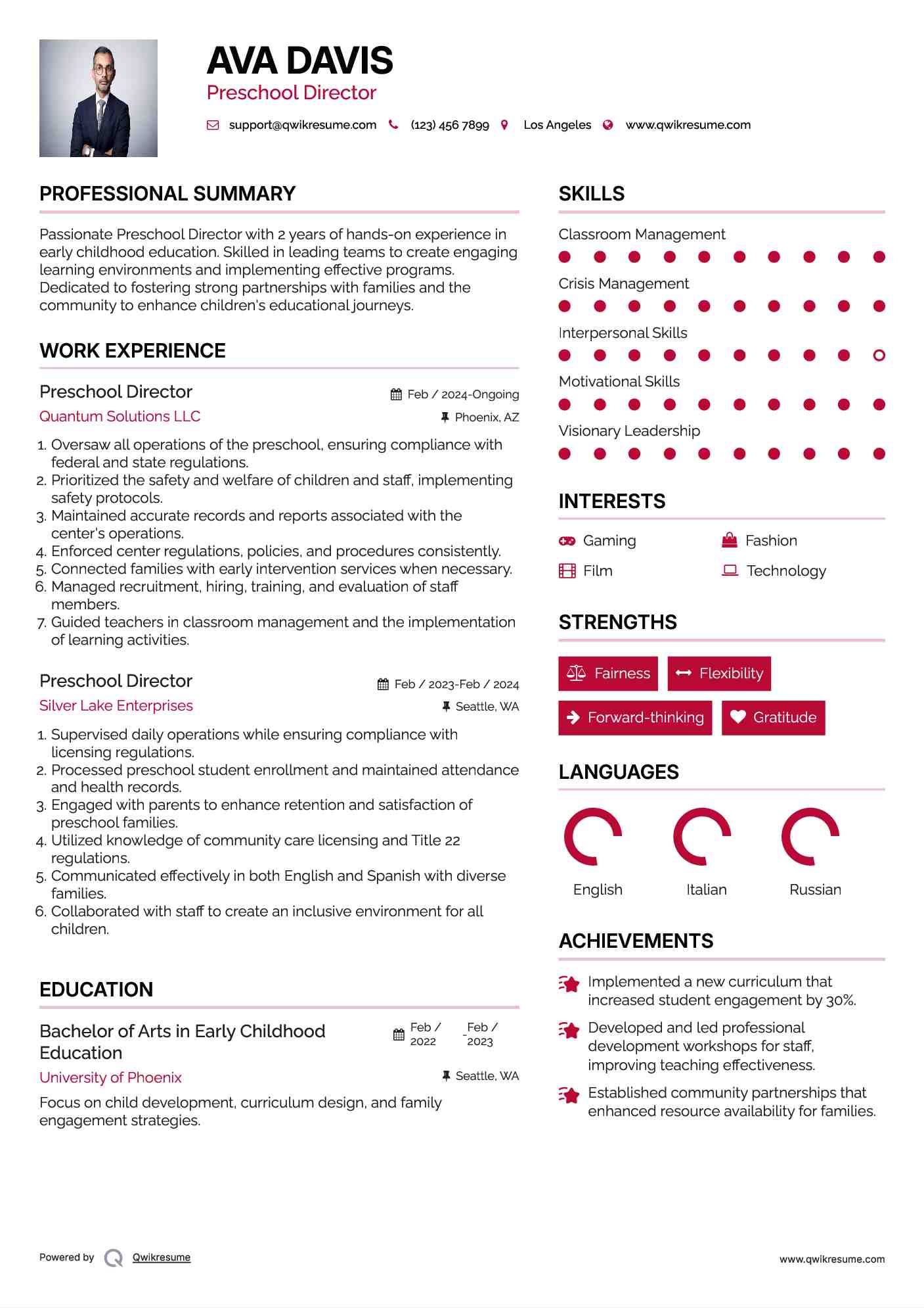 Preschool Director Resume Example