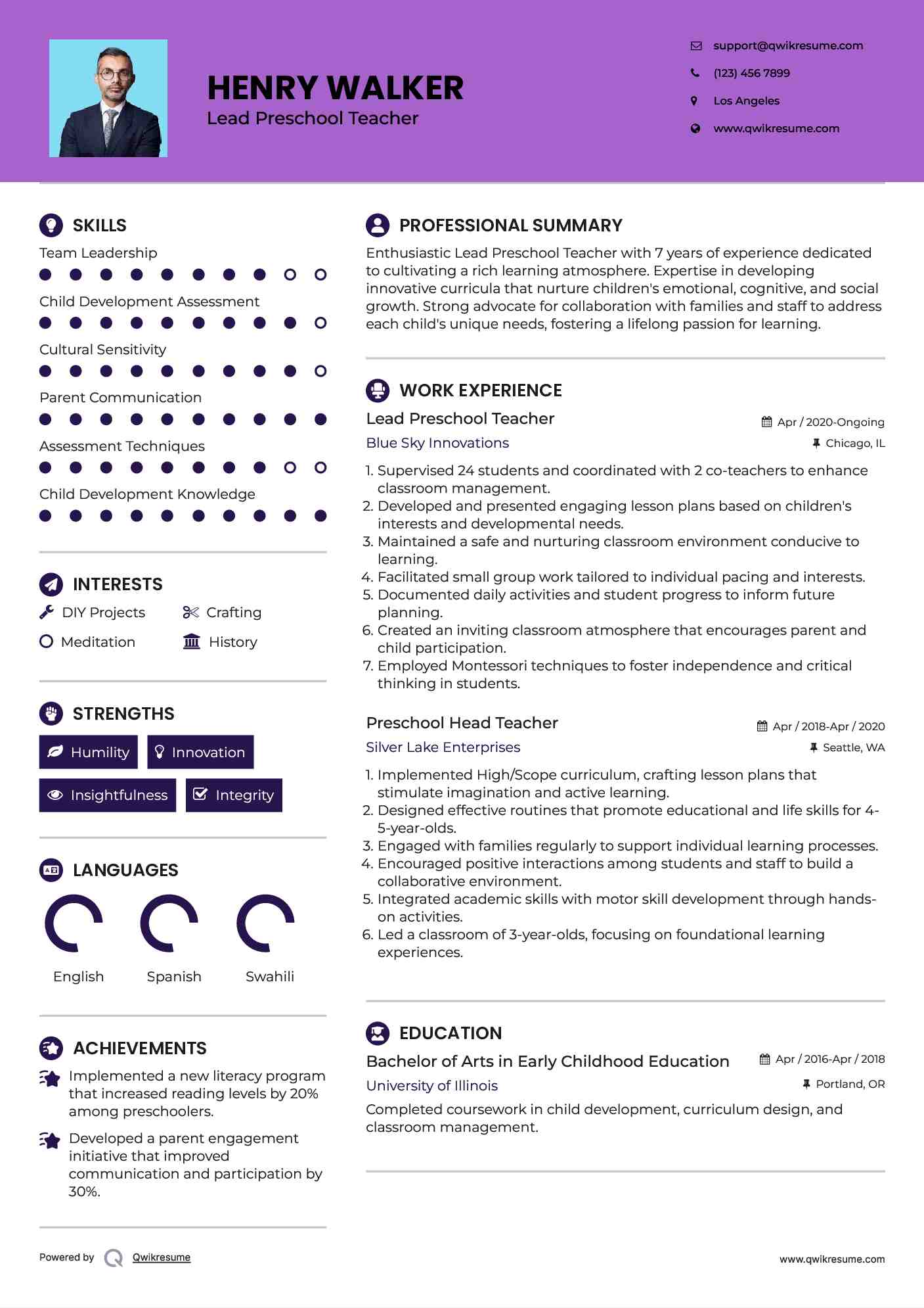 Lead Preschool Teacher Resume Model