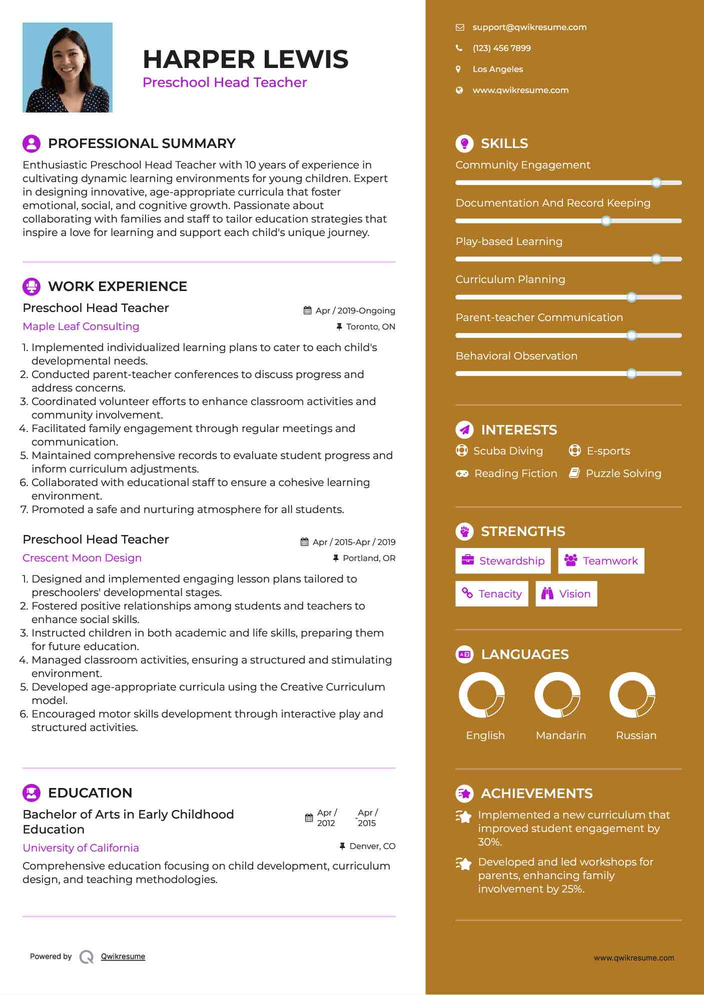 Preschool Head Teacher Resume Format