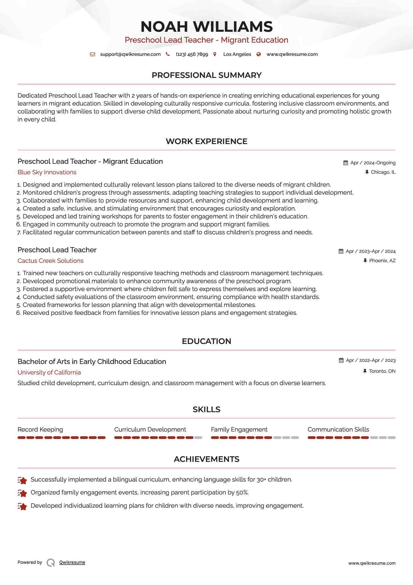 Preschool Lead Teacher - Migrant Education Resume Model