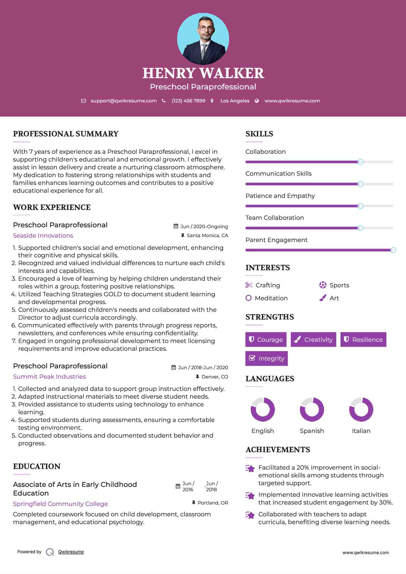 Preschool Paraprofessional Resume Sample