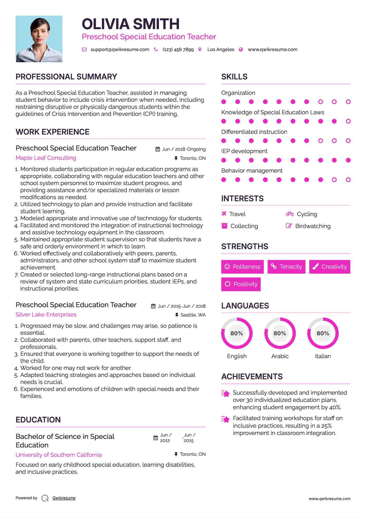 Preschool Special Education Teacher Resume Model