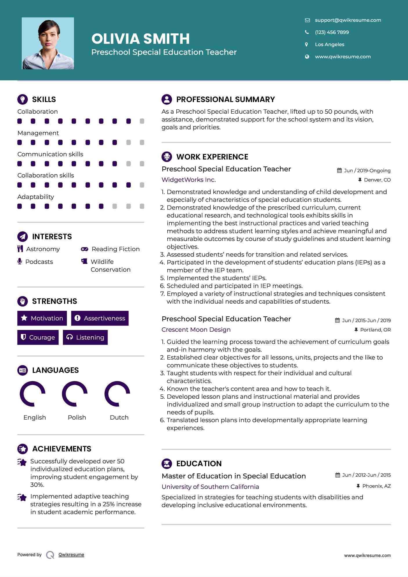 Preschool Special Education Teacher Resume Example