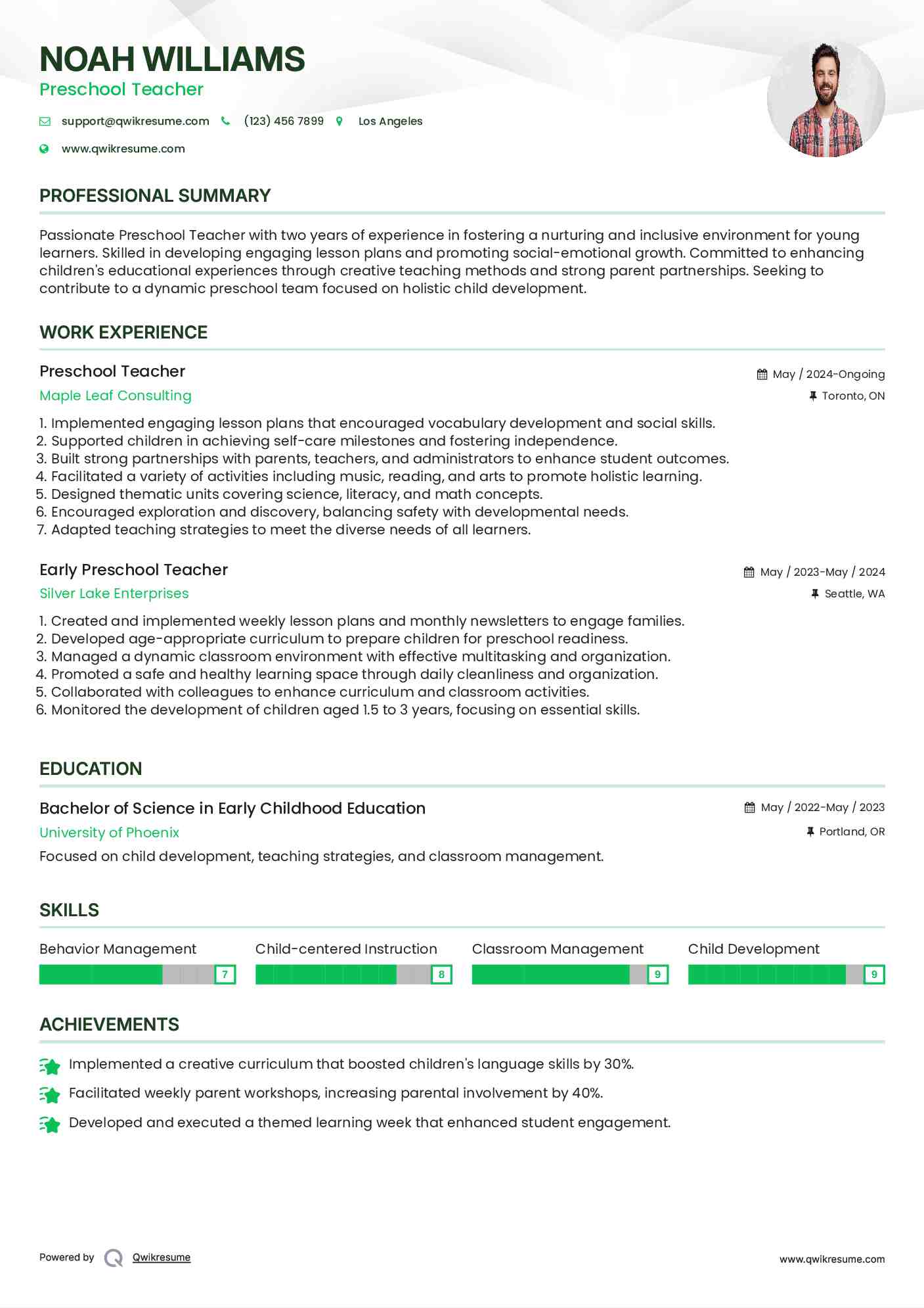 Preschool Teacher Resume Sample