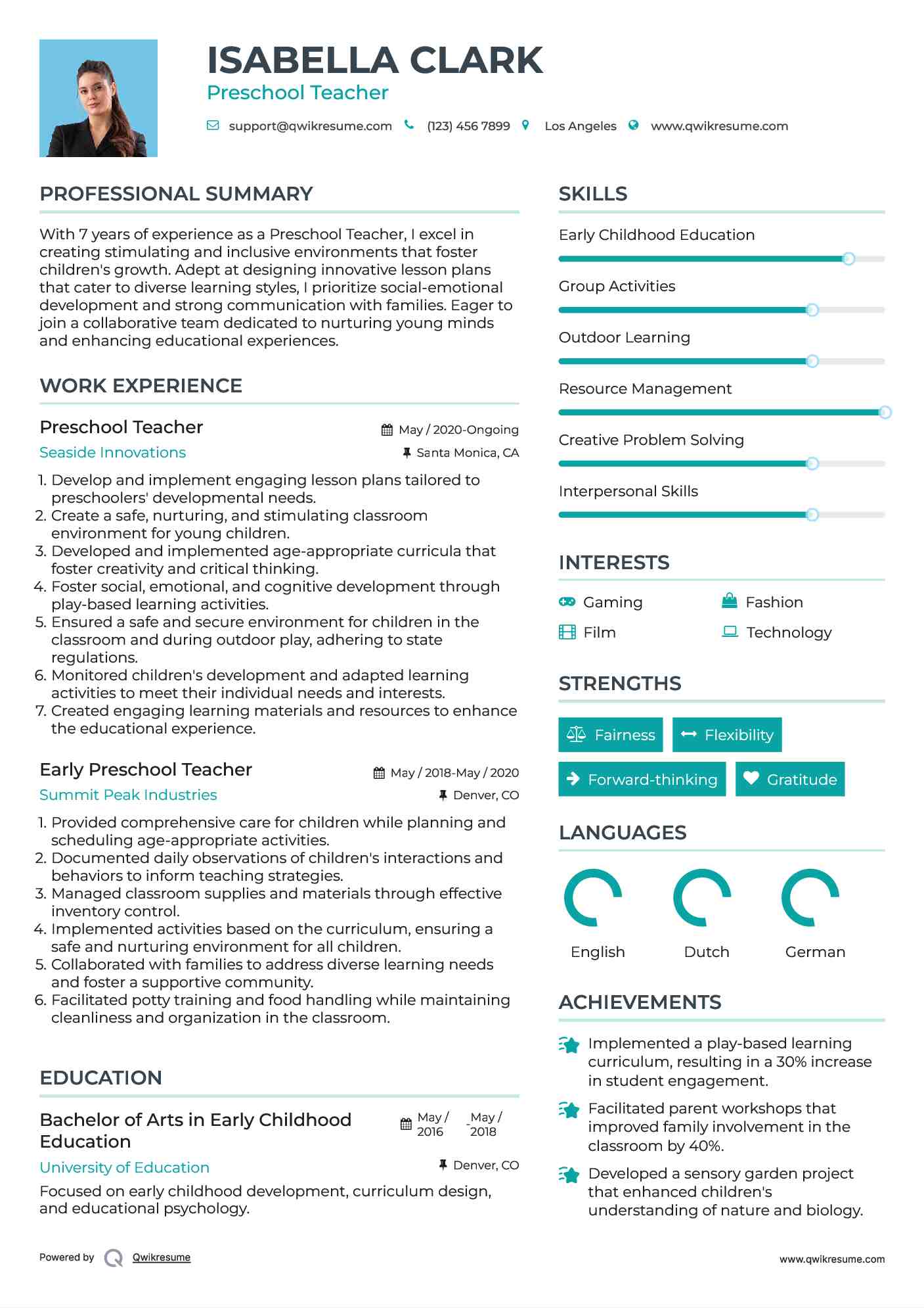 Preschool Teacher Resume Model