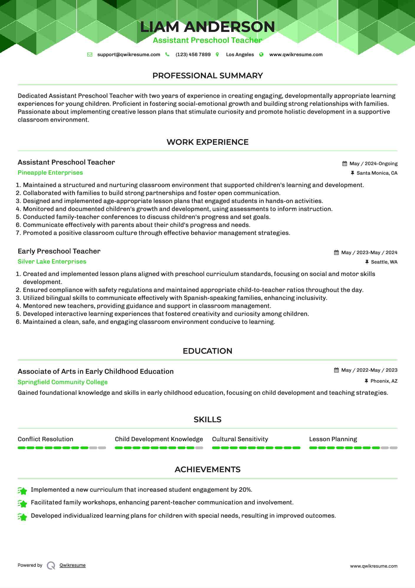 Assistant Preschool Teacher Resume Format