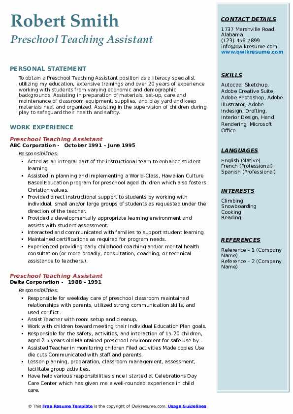 Preschool Teaching Assistant Resume - Preschool Teaching Assistant 1662457695 Pdf 