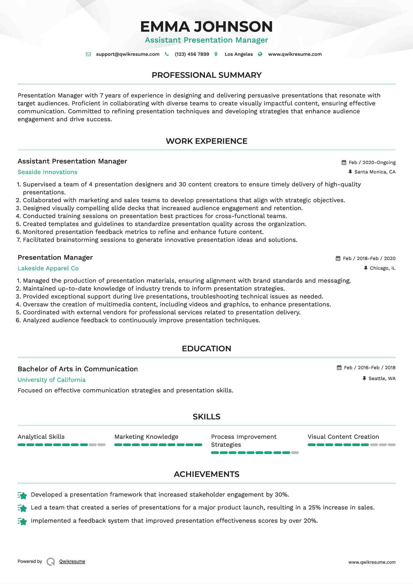 Assistant Presentation Manager  Resume Sample