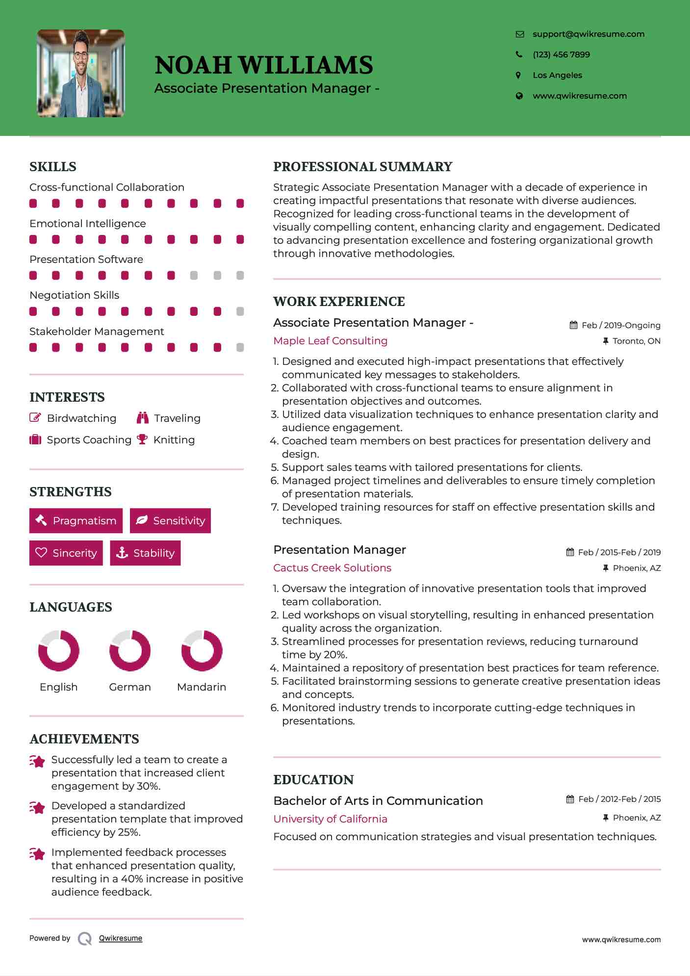 Associate Presentation Manager - Resume Example