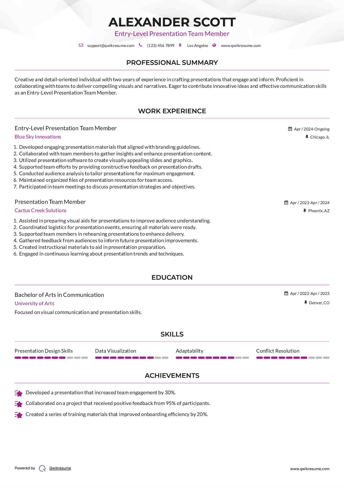 Entry-Level Presentation Team Member Resume Sample