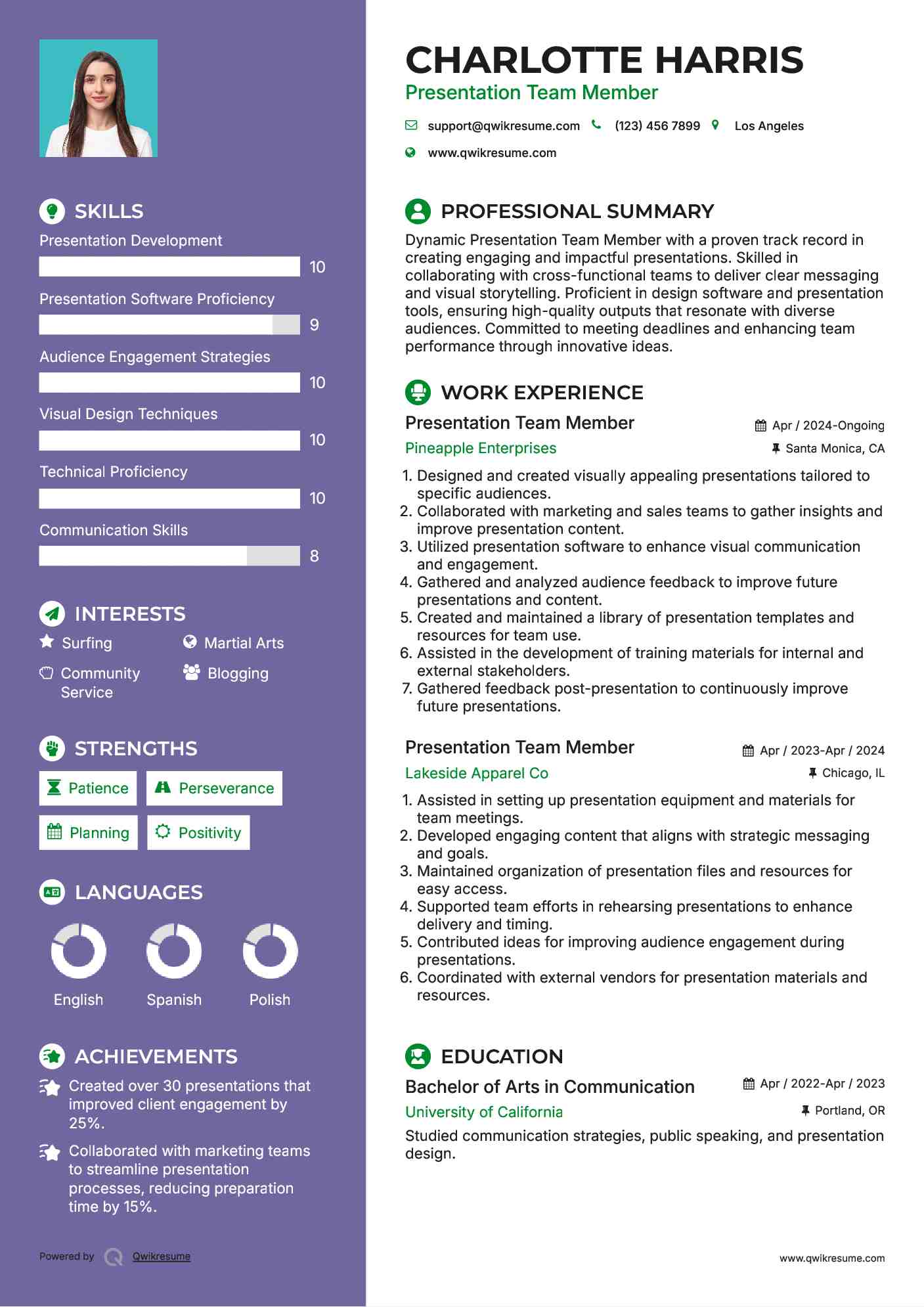 Presentation Team Member Resume Template