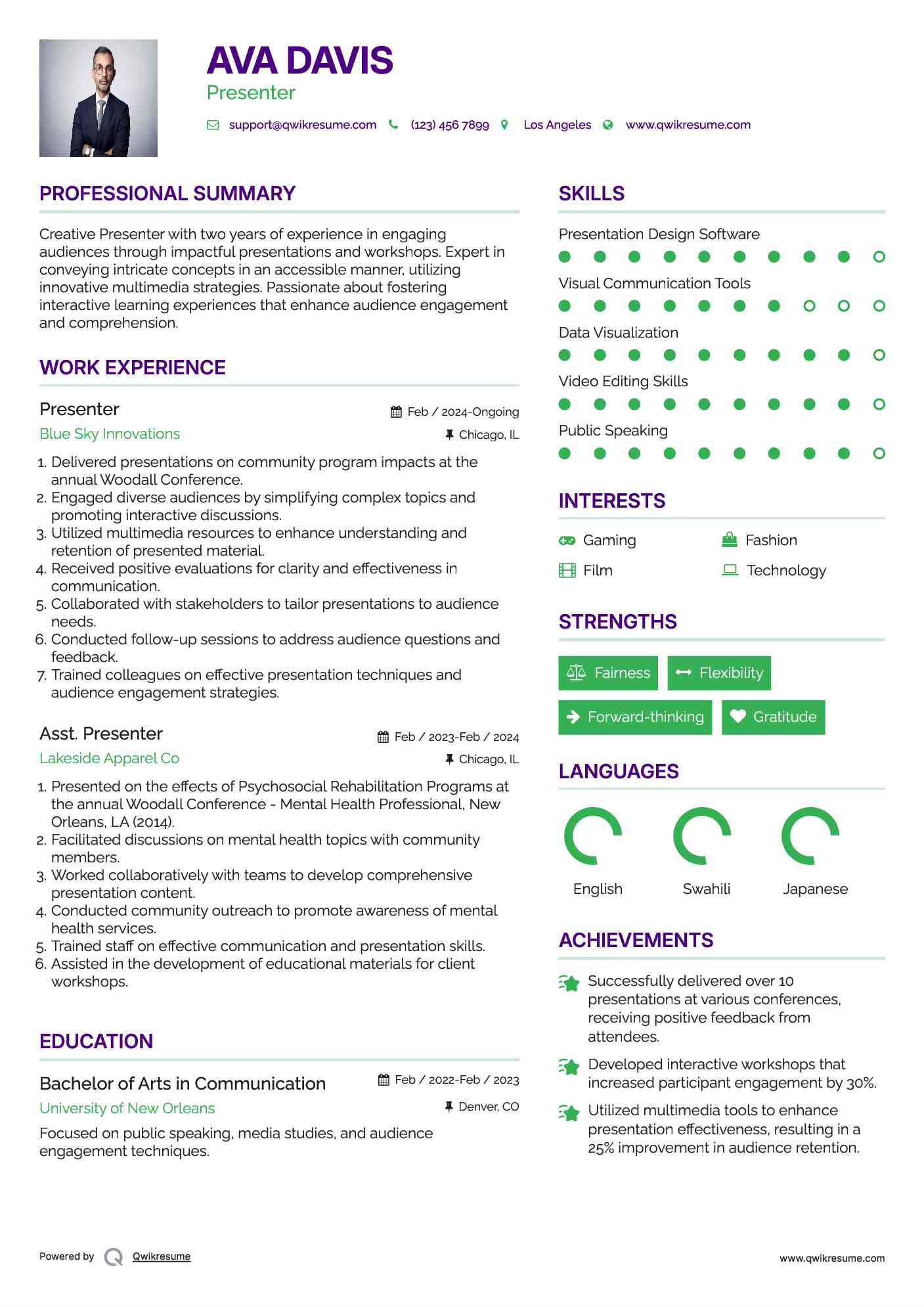 Presenter Resume Example