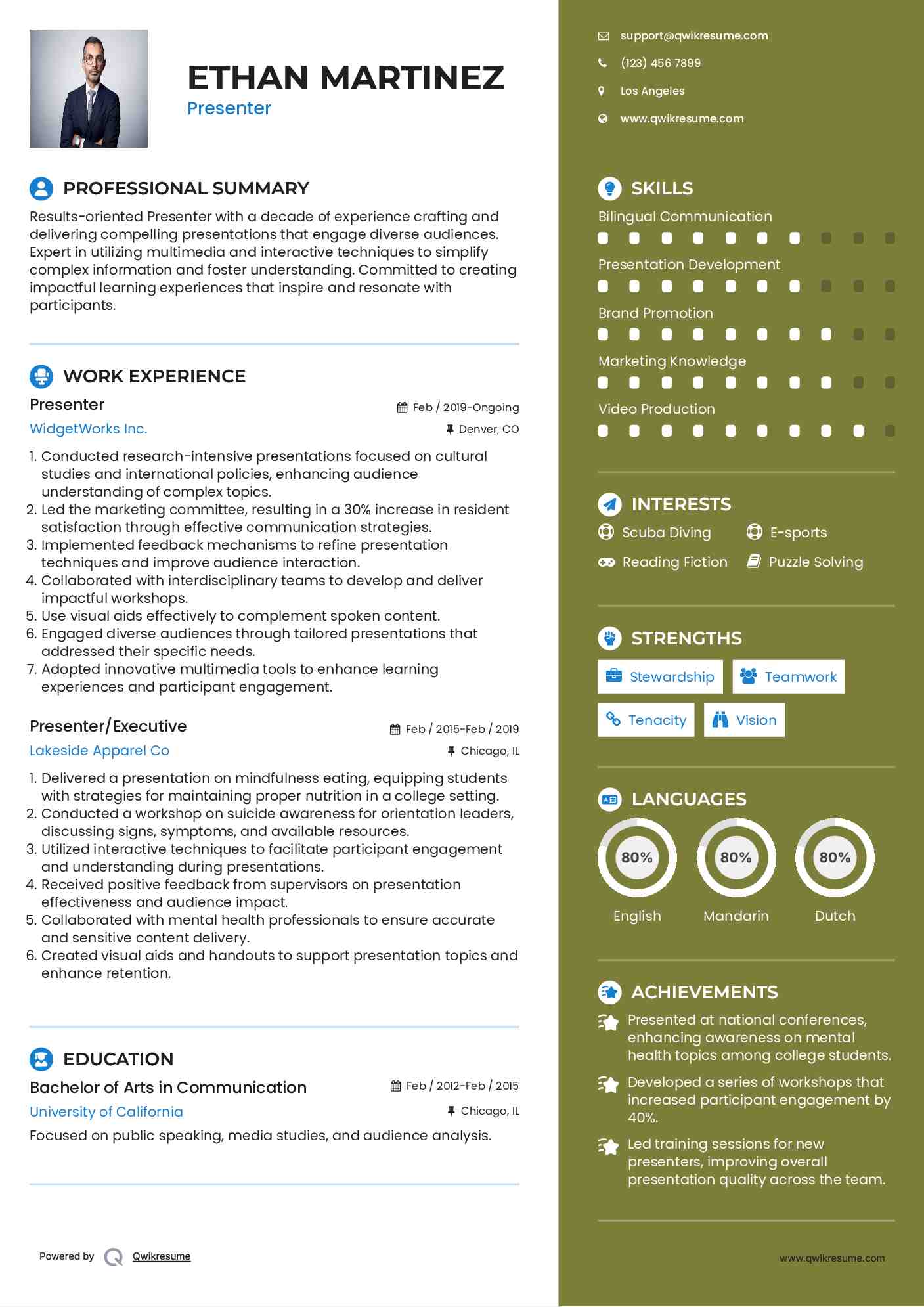 Presenter Resume Example