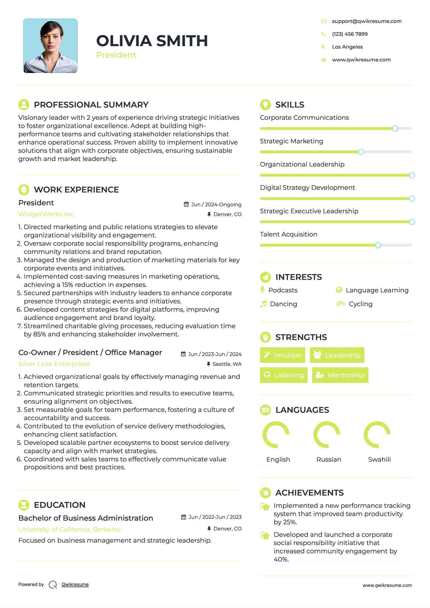 President Resume Example