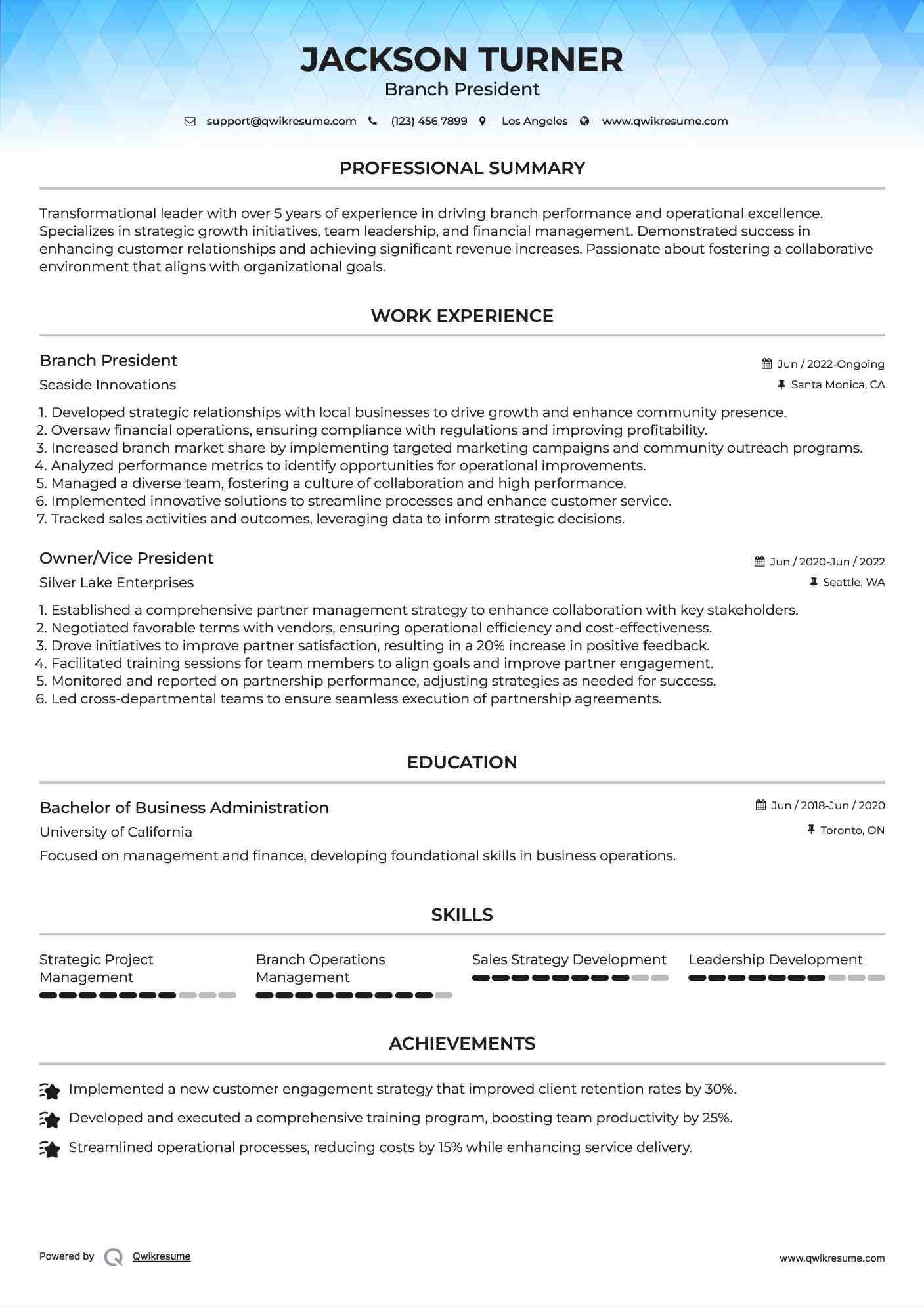 Branch President Resume Format