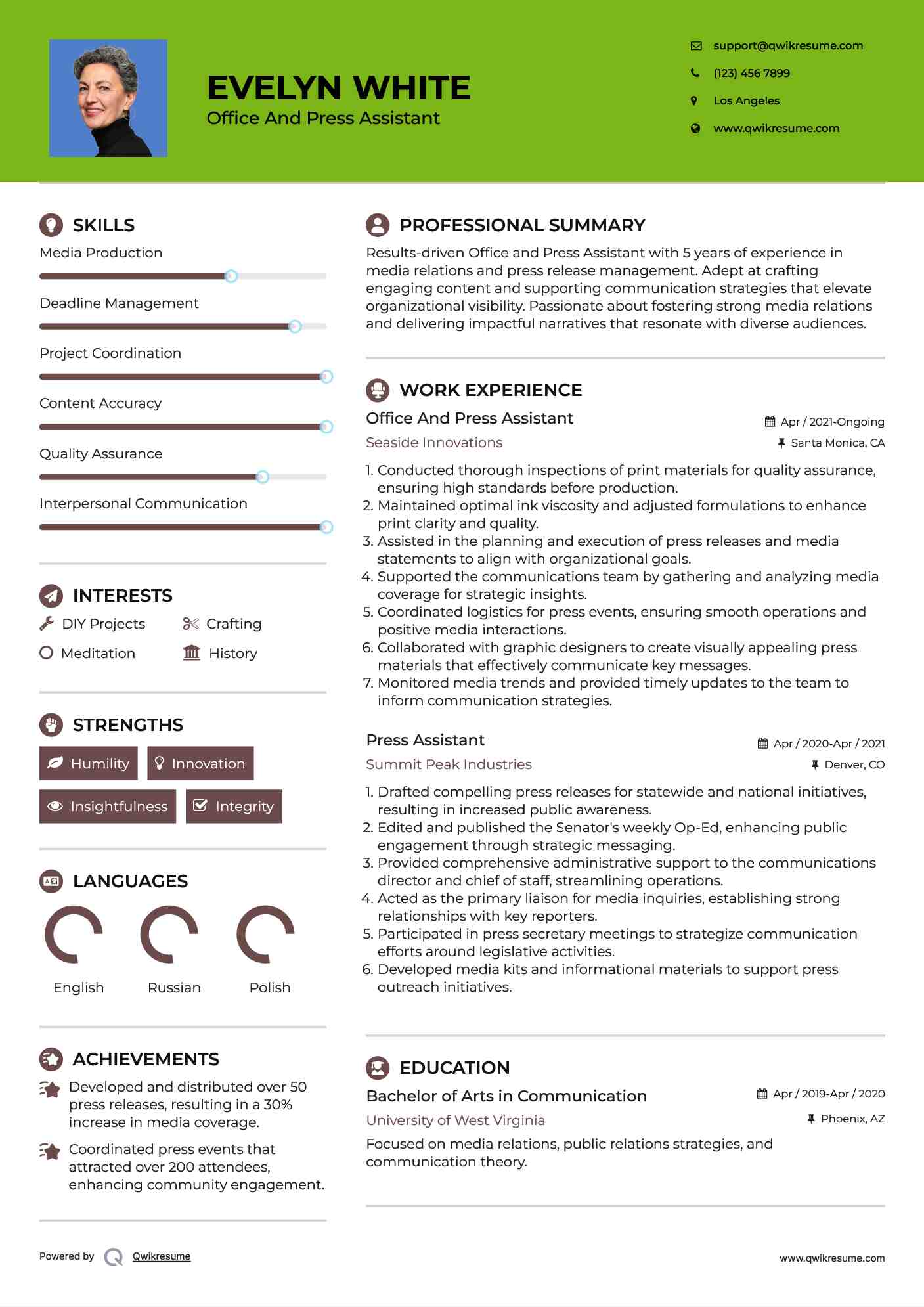 Press Assistant Resume Samples QwikResume