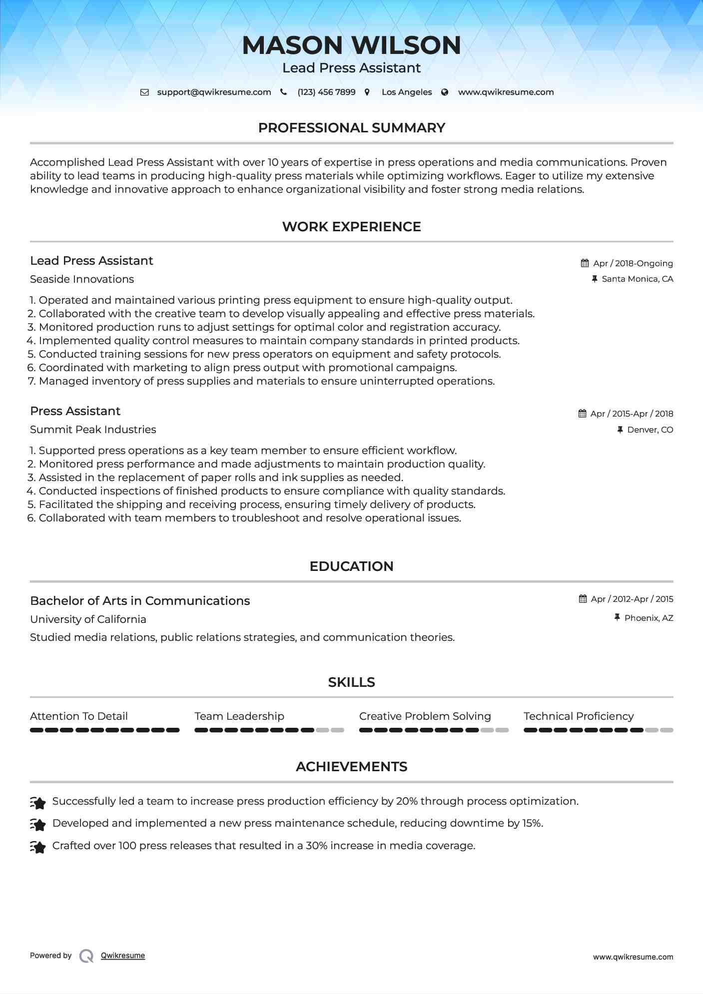 Lead Press Assistant Resume Example