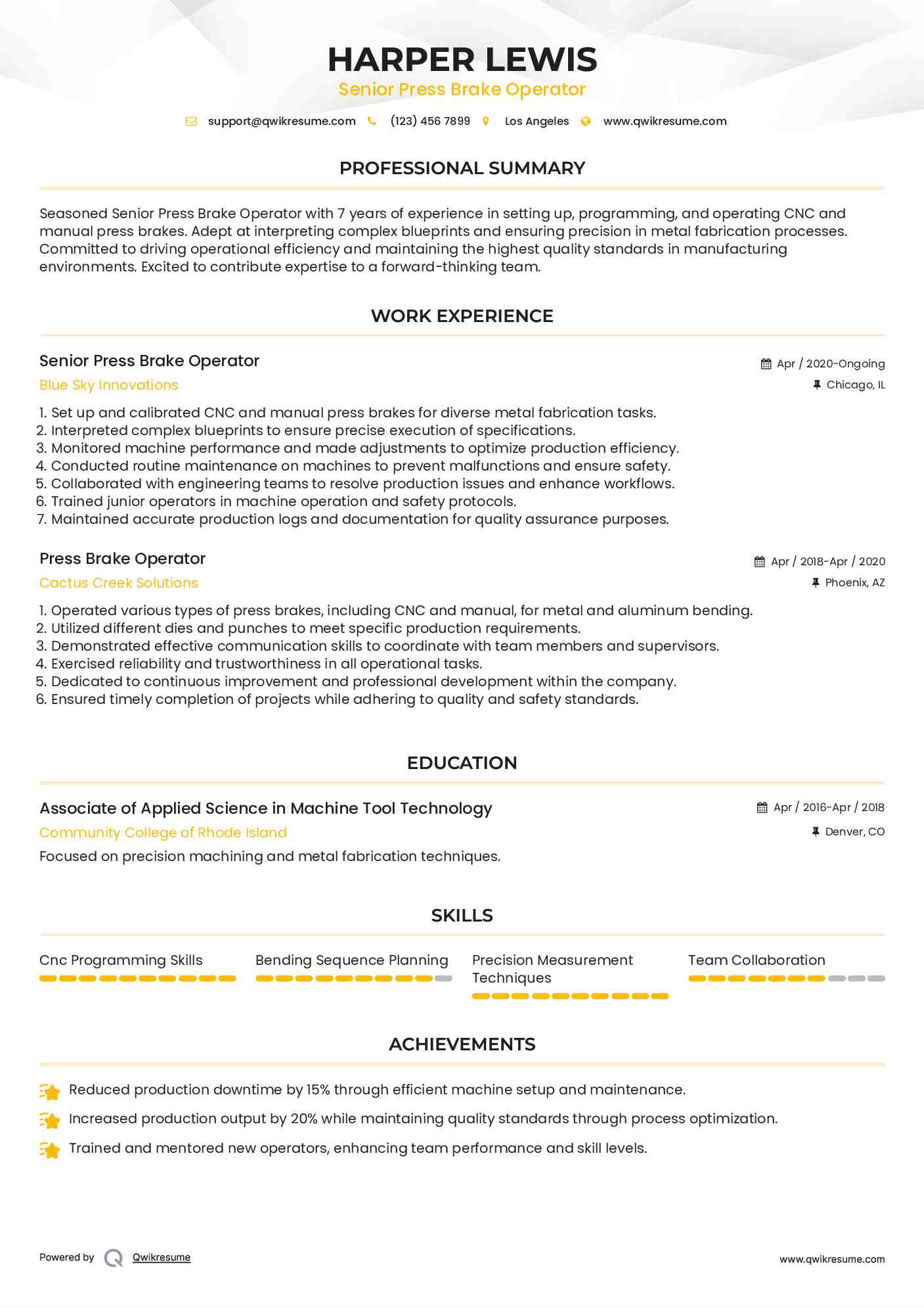 Senior Press Brake Operator Resume Sample