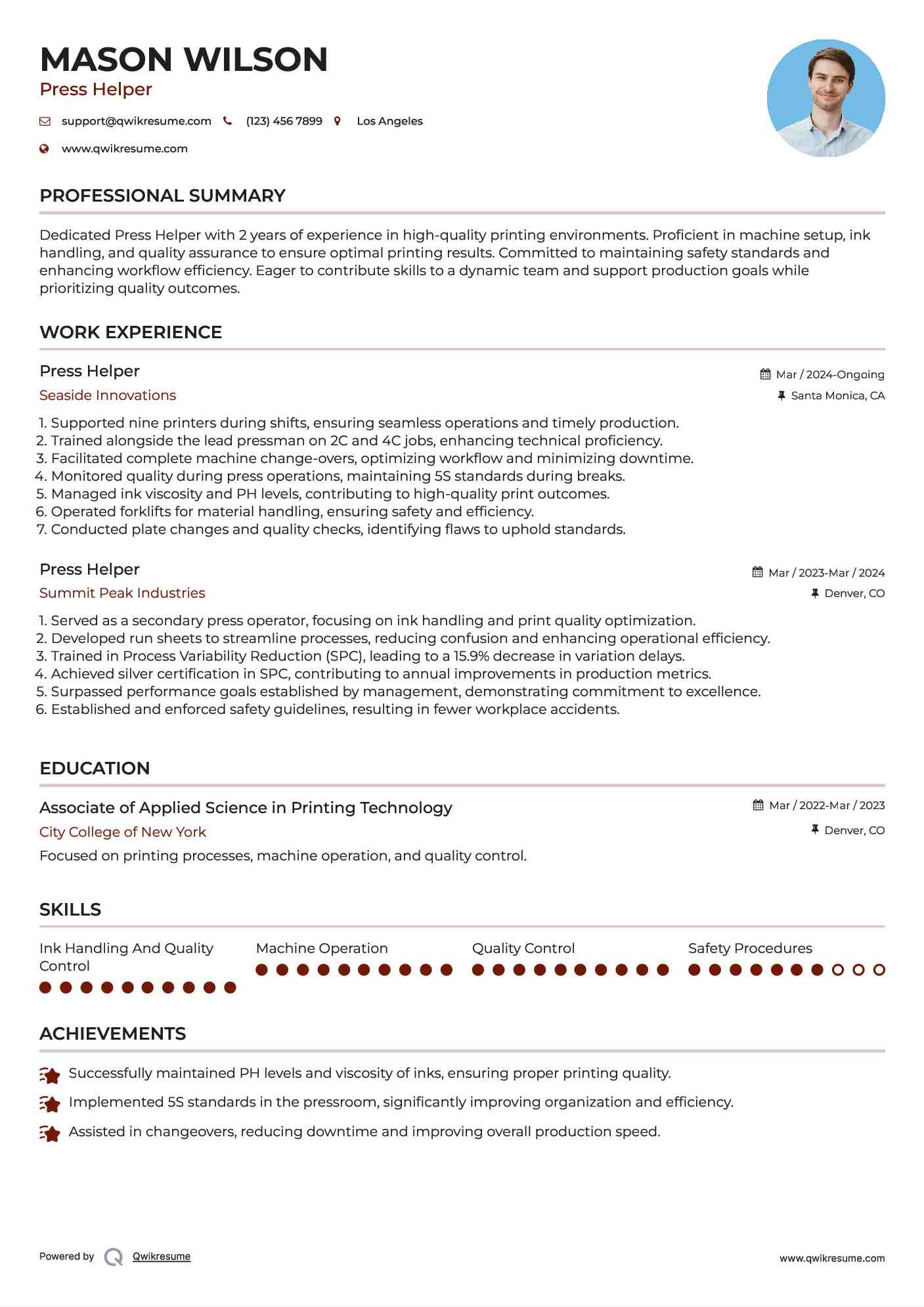 Press Helper Resume Template