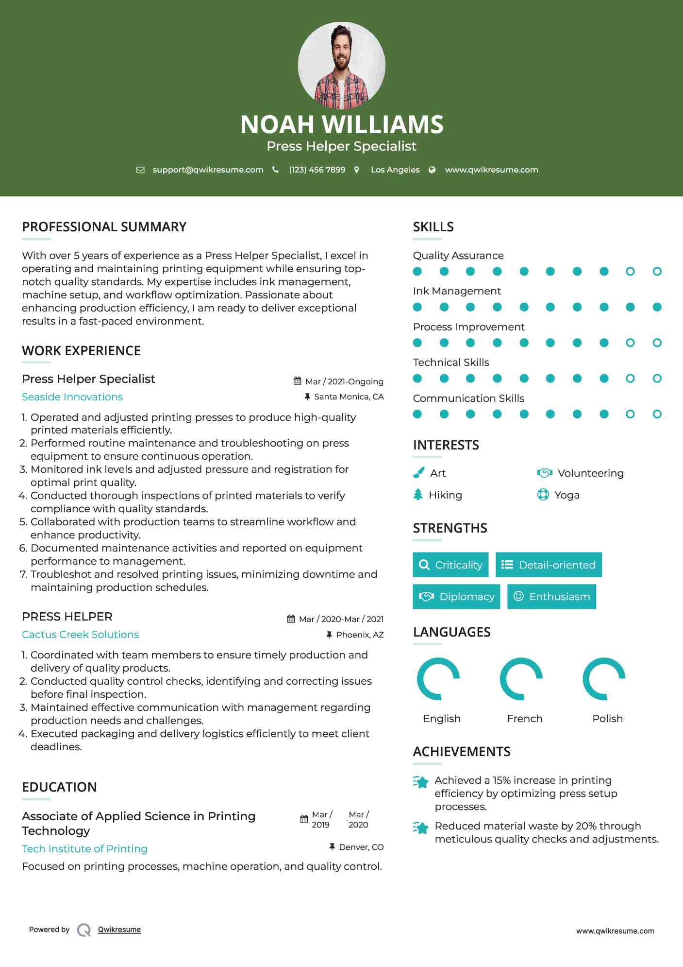 Press Helper Specialist Resume Format