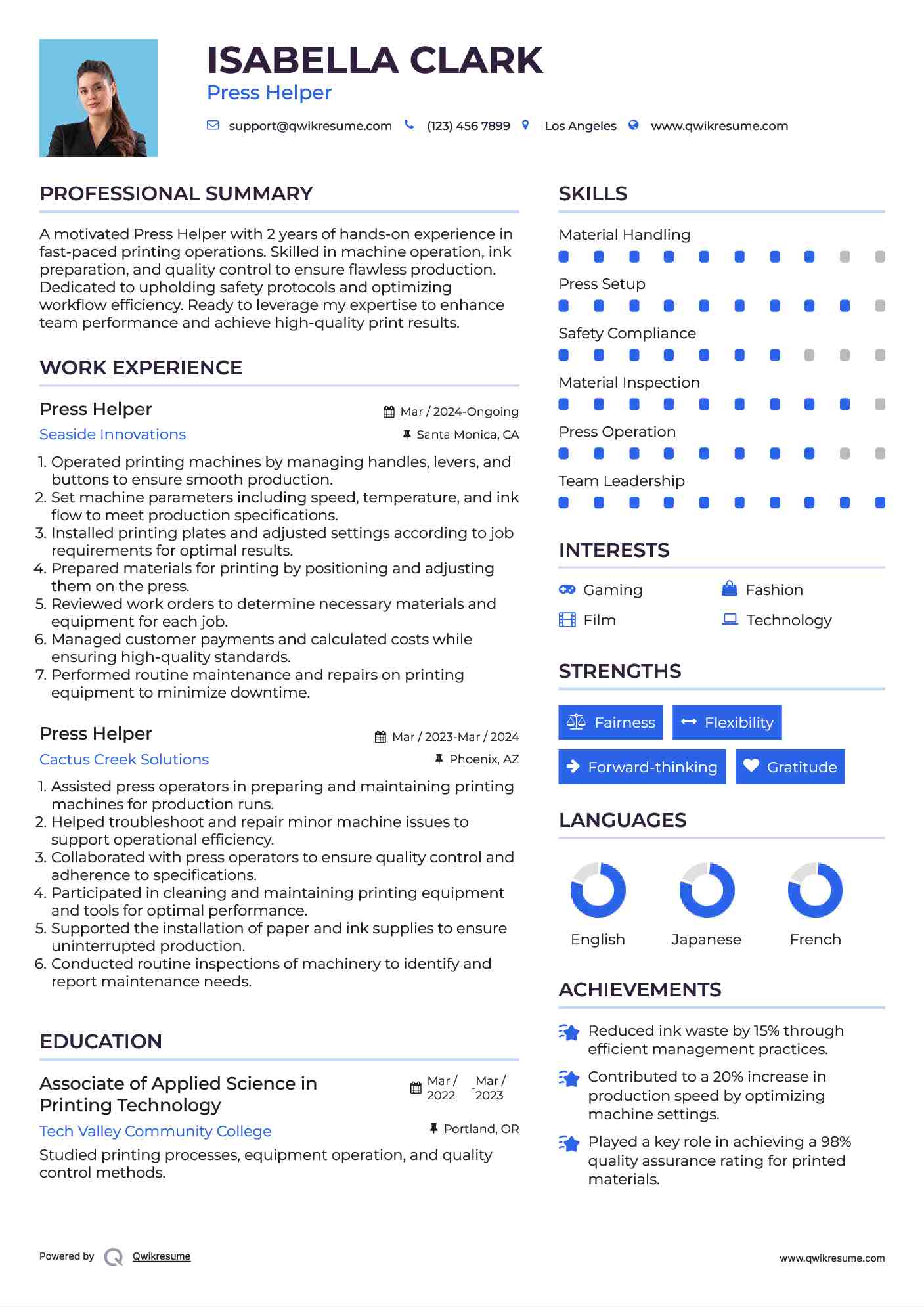 Press Helper Resume Example
