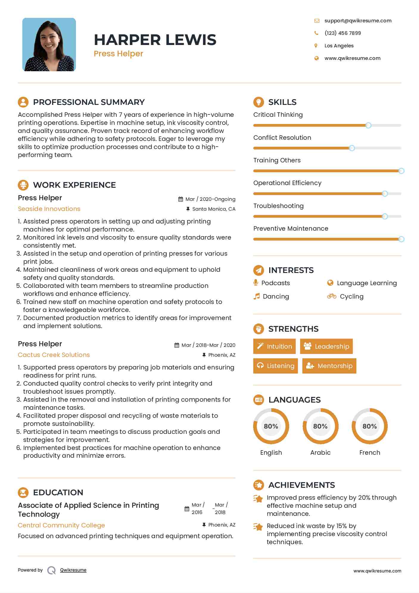 Press Helper Resume Model