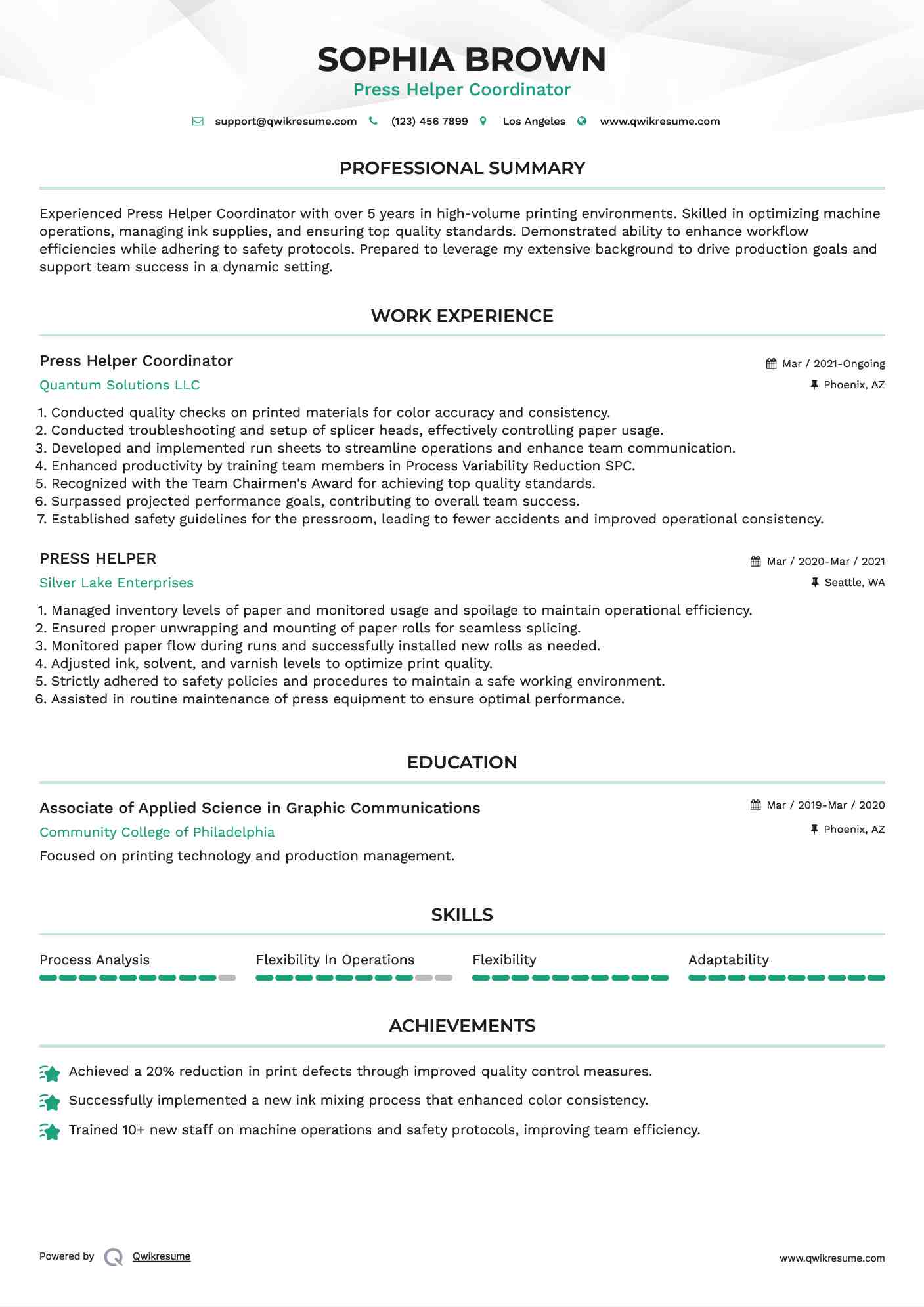 Press Helper Coordinator Resume Template