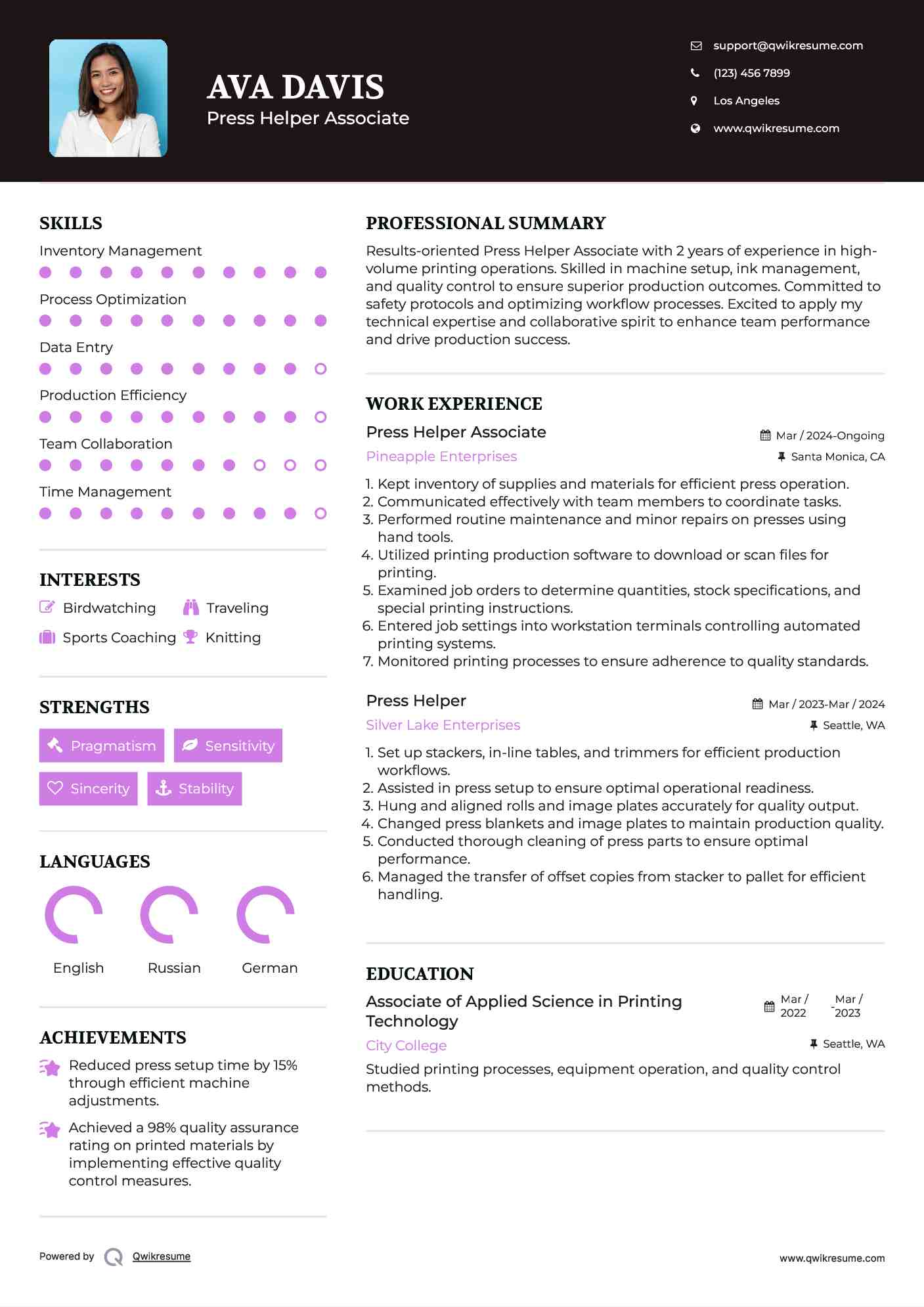 Press Helper Associate Resume Model