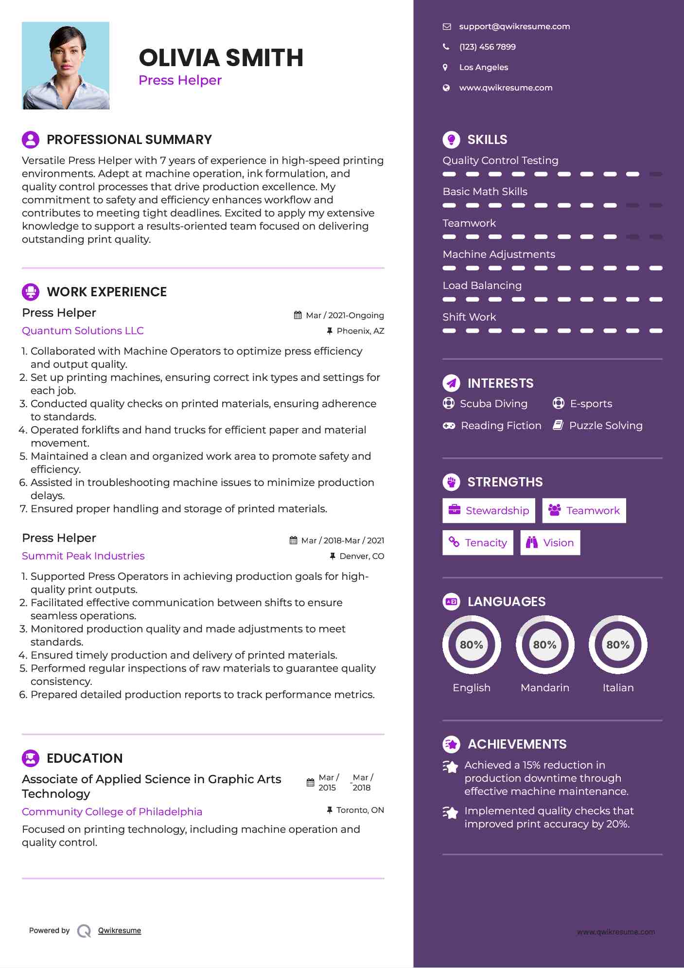 Press Helper Resume Template