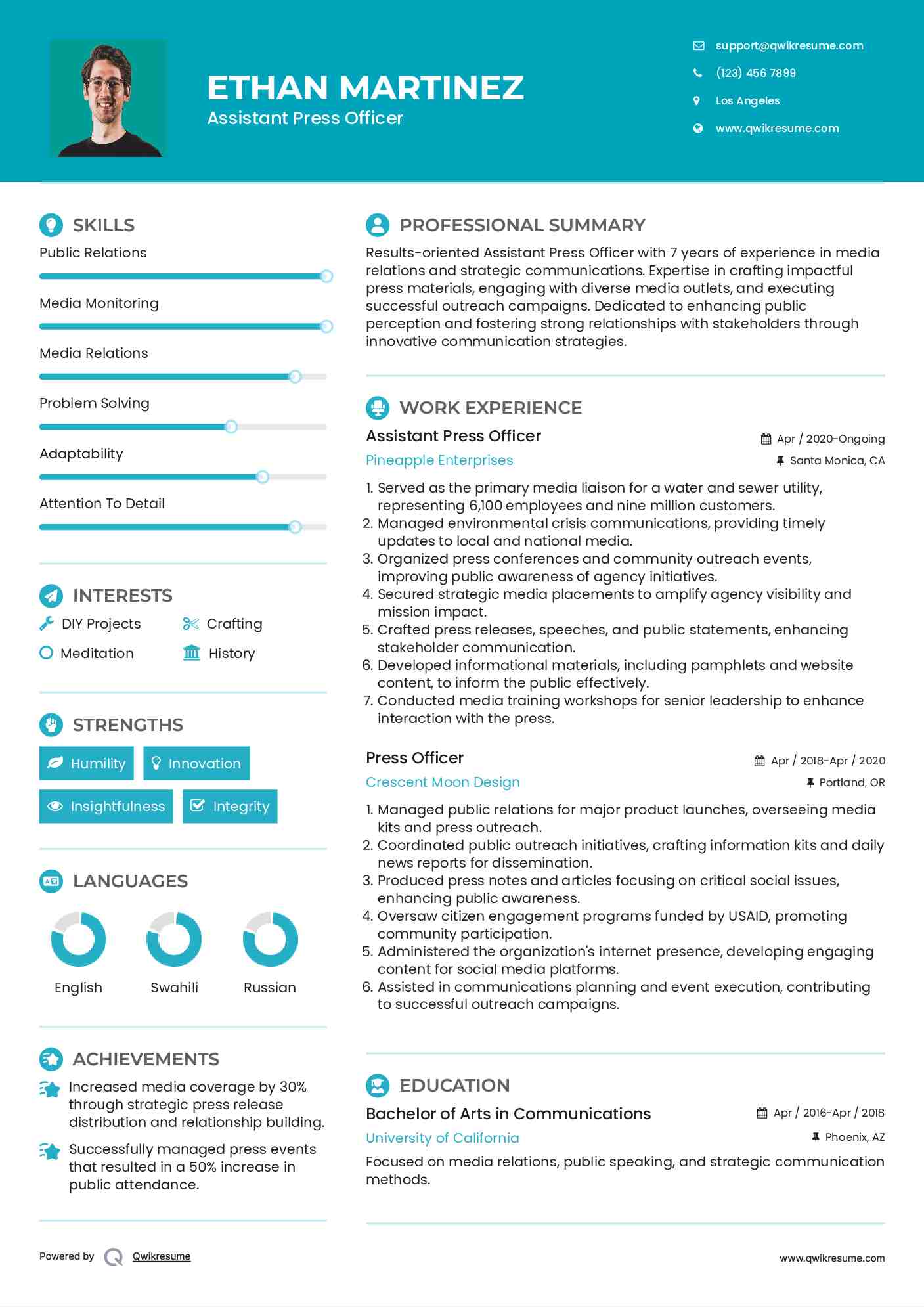 Assistant Press Officer Resume Example