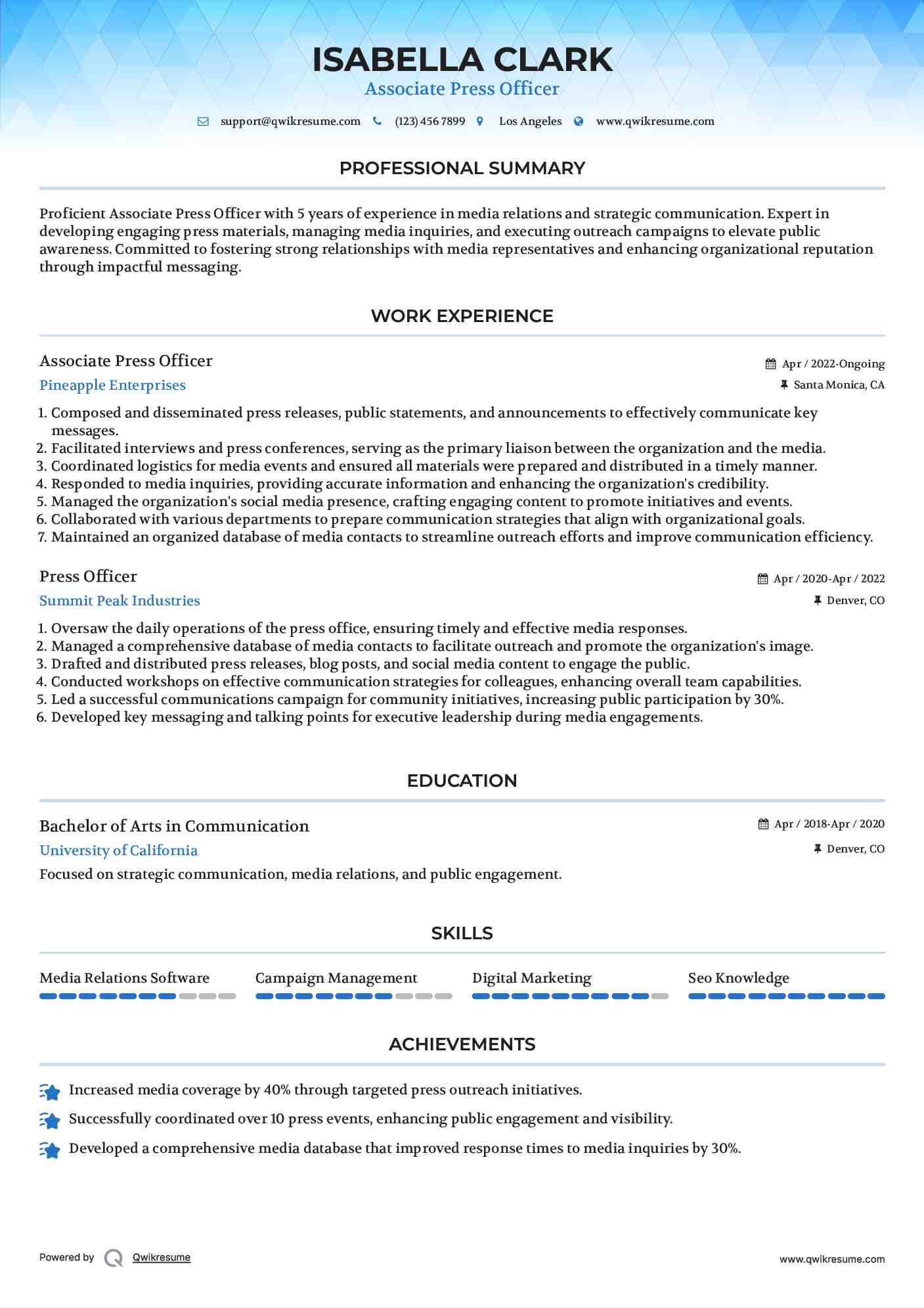 Associate Press Officer Resume Example